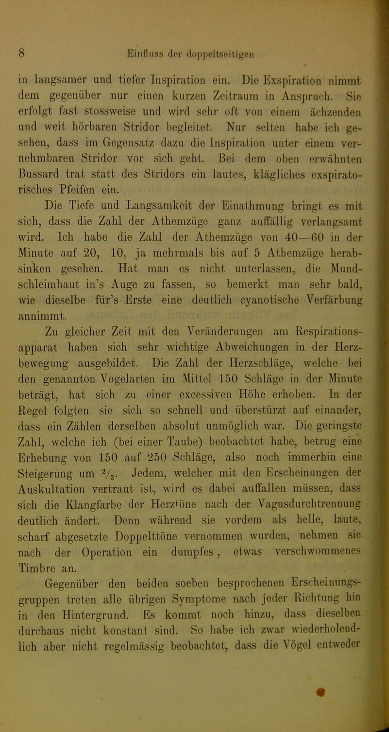 in langsamer und tiefer Inspiration ein. Die Exspiration nimmt dem gegenüber nur einen kurzen Zeitraum in Anspruch. Sie erfolgt fast stossvveise und wird sehr oft von einem ächzenden und weit hörbaren Stridor begleitet. Nur selten habe ich ge- sehen, dass im Gegensatz dazu die Inspiration unter einem ver- nehmbaren Stridor vor sich geht. Bei dem oben erwähnten Bussard trat statt des Stridors ein lautes, klägliches exspirato- risches Pfeifen ein. Die Tiefe und Langsamkeit der Einathmung bringt es mit sich, dass die Zahl der Athemzüge ganz auffällig verlangsamt wird. Ich habe die Zahl der Athemzüge von 40—60 in der Minute auf 20, 10. ja mehrmals bis auf 5 Athemzüge herab- sinken gesehen. Hat man es nicht unterlassen, die Mund- schleimhaut in's Auge zu fassen, so bemerkt man sehr bald, wie dieselbe für's Erste eine deutlich cyanotische Verfärbung annimmt. Zu gleicher Zeit mit den Veränderungen am Respirations- apparat haben sich sehr wichtige Abweichungen in der Herz- bewegung ausgebildet. Die Zahl der Herzschläge, welche bei den genannton Vogelarten im Mittel 150 Schläge in der Minute beträgt, hat sich zu einer excessiven Höhe erhoben. In der Regel folgten sie sich so schnell und überstürzt auf einander, dass ein Zählen derselben absolut unmöglich war. Die geringste Zahl, welche ich (bei einer Taube) beobachtet habe, betrug eine Erhebung von 150 auf 250 Schläge, also noch immerhin eine Steigerung um Vg. Jedem, welcher mit den Erscheinungen der Auskultation vertraut ist, wird es dabei auffallen müssen, dass sich die Klangfarbe der Herztöne nach der Vagusdurchtrennung deutlich ändert. Denn während sie vordem als helle, laute, scharf abgesetzte Doppelttöne vernommen wurden, nehmen sie nach der Operation ein dumpfes, etwas verschwommenes Timbre an. Gegenüber den beiden soeben besprochenen Erscheinungs- gruppen treten alle übrigen Symptome nach jeder Richtung hin in den Hintergrund. Es kommt noch hinzu, dass dieselben durchaus nicht konstant sind. So habe ich zwar wiederholend- lich aber nicht regelmässig beobachtet, dass die Vögel entweder