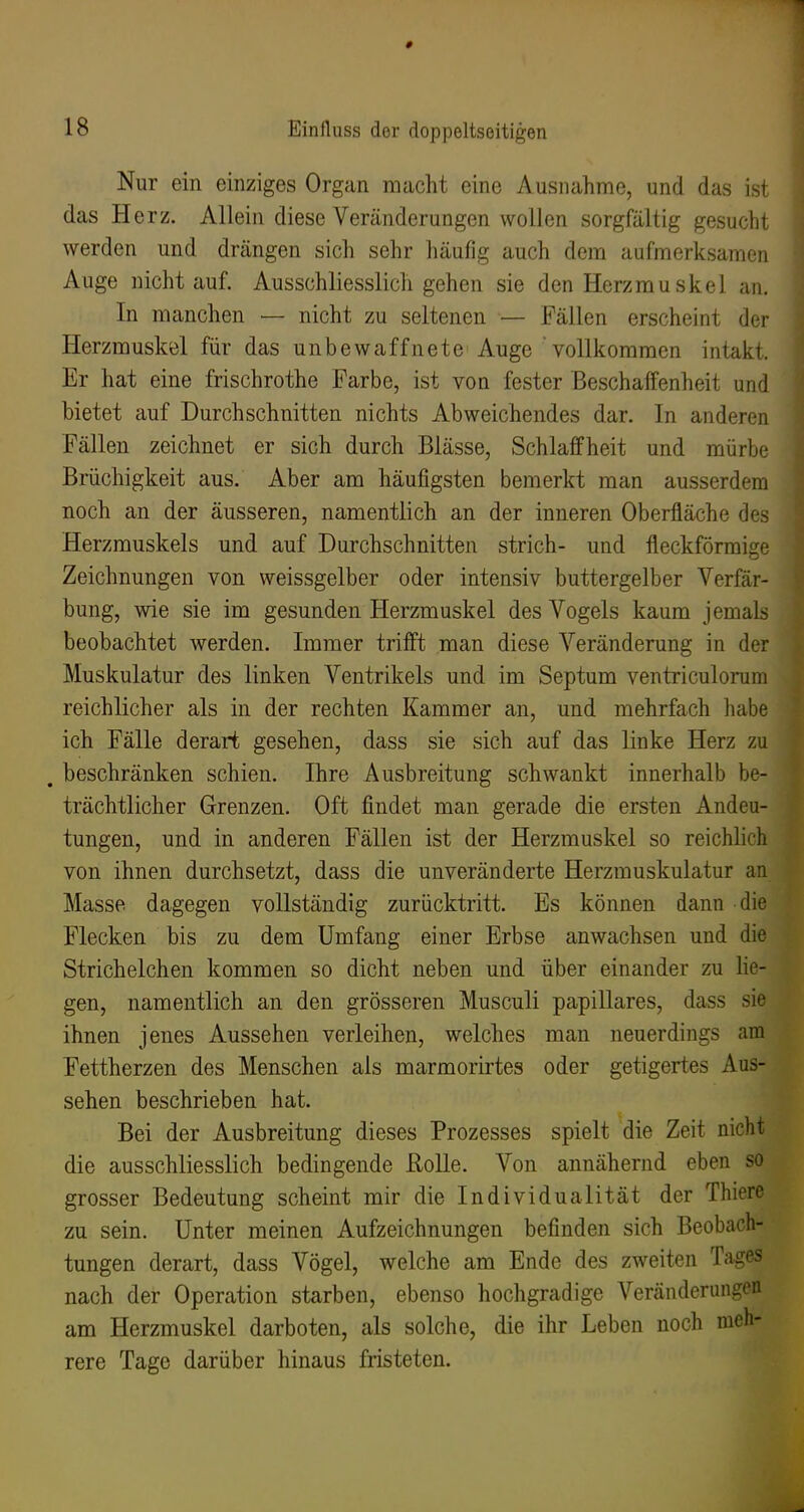 Nur ein einziges Organ macht eine Ausnahme, und das ist das Herz. Allein diese Veränderungen wollen sorgfältig gesucht werden und drängen sich sehr häufig auch dem aufmerksamen Auge nicht auf. Ausschliesslich gehen sie den Herzmuskel an. In manchen — nicht zu seltenen — Fällen erscheint der Herzmuskel für das unbewaffnete Auge vollkommen intakt. Er hat eine frischrothe Farbe, ist von fester Beschaffenheit und bietet auf Durchschnitten nichts Abweichendes dar. In anderen Fällen zeichnet er sich durch Blässe, Schlaffheit und mürbe Brüchigkeit aus. Aber am häufigsten bemerkt man ausserdem noch an der äusseren, namentlich an der inneren Oberfläche des Herzmuskels und auf Durchschnitten strich- und fleckförmige Zeichnungen von weissgelber oder intensiv buttergelber Verfär- bung, wie sie im gesunden Herzmuskel des Vogels kaum jemals beobachtet werden. Immer trifft man diese Veränderung in der Muskulatur des linken Ventrikels und im Septum ventriculorum reichlicher als in der rechten Kammer an, und mehrfach habe ich Fälle derart gesehen, dass sie sich auf das linke Herz zu ^ beschränken schien. Ihre Ausbreitung schwankt innerhalb be- trächtlicher Grenzen. Oft findet man gerade die ersten Andeu- tungen, und in anderen Fällen ist der Herzmuskel so reichlich von ihnen durchsetzt, dass die unveränderte Herzmuskulatur an Masse dagegen vollständig zurücktritt. Es können dann die Flecken bis zu dem Umfang einer Erbse anwachsen und die Strichelchen kommen so dicht neben und über einander zu lie- gen, namentlich an den grösseren Musculi papilläres, dass sie ihnen jenes Aussehen verleihen, welches man neuerdings am Fettherzen des Menschen als marmorirtes oder getigertes Aus- sehen beschrieben hat. Bei der Ausbreitung dieses Prozesses spielt die Zeit nicht die ausschliesslich bedingende Rolle. Von annähernd eben so grosser Bedeutung scheint mir die Individualität der Thiere zu sein. Unter meinen Aufzeichnungen befinden sich Beobach- tungen derart, dass Vögel, welche am Ende des zweiten Tages nach der Operation starben, ebenso hochgradige Veränderungen am Herzmuskel darboten, als solche, die ihr Leben noch meh- rere Tage darüber hinaus fristeten.