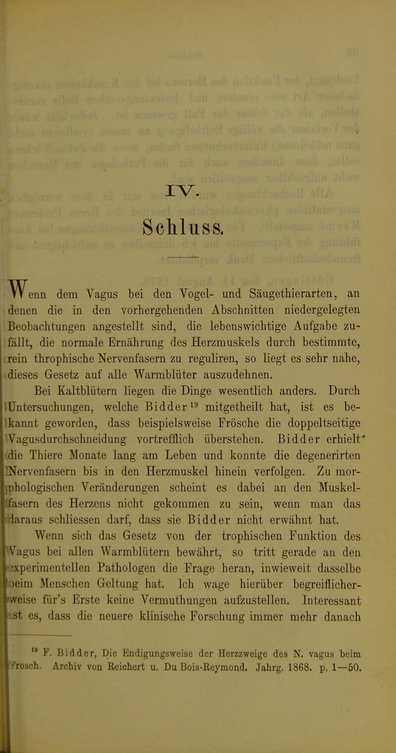 IV. Schluss. Wenn dem Vagus bei den Vogel- und Säugethierarten, an denen die in den vorhergehenden Abschnitten niedergelegten Beobachtungen angestellt sind, die lebenswichtige Aufgabe zu- fällt, die normale Ernährung des Herzmuskels durch bestimmte, ;rein throphische Nervenfasern zu reguliren, so liegt es sehr nahe, dieses Gesetz auf alle Warmblüter auszudehnen. Bei Kaltblütern liegen die Dinge wesentlich anders. Durch !Untersuchungen, welche Bidder^^ mitgetheilt hat, ist es be- Ikannt geworden, dass beispielsweise Frösche die doppelseitige Tagusdurchschneidung vortrefflich überstehen. Bidder erhielt' (die Thiere Monate lang am Leben und konnte die degenerirten ^Nervenfasern bis in den Herzmuskel hinein verfolgen. Zu mor- iphologischen Veränderungen scheint es dabei an den Muskel- tfasern des Herzens nicht gekommen zu sein, wenn man das ^daraus schliessen darf, dass sie Bidder nicht erwähnt hat. Wenn sich das Gesetz von der trophischen Funktion des VVagus bei allen Warmblütern bewährt, so tritt gerade an den pxperimentellen Pathologen die Frage heran, inwieweit dasselbe poeim Menschen Geltung hat. Ich wage hierüber begreiflicher- Iweise für's Erste keine Vermuthungen aufzustellen. Interessant laist es, dass die neuere klinische Forschung immer mehr danach  F. Bidder, Die Endigungsweise der Herzzweige des N. vagus beim frosch. Archiv von Reichert u. Du Bois-Reymond. Jahrg. 1868. p. 1—50.