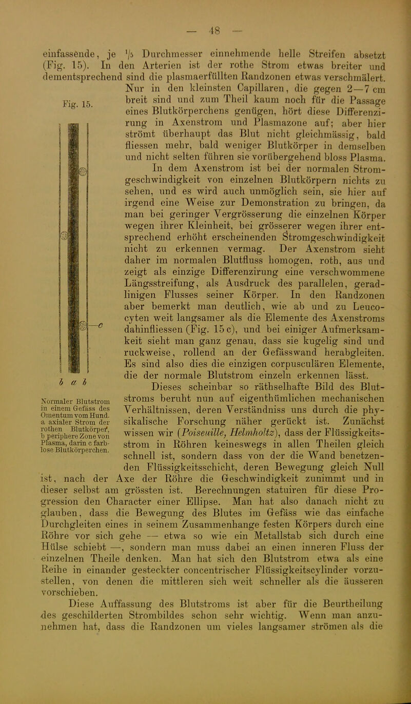 Fig. 16. i 'Iii: einfassende, je '/^ Durchmesser einnehmende helle Streifen absetzt (Fig. 15). In den Arterien ist der rothe Strom etwas breiter und dementsprechend sind die plasmaerftillten Randzonen etwas verschmälert. Nur in den kleinsten Capillaren, die gegen 2—7 cm breit sind und zum Theil kaum noch für die Passage eines Blutkörperchens genügen, hört diese DifFerenzi- j « j rung in Axenstrom und Plasmazone auf; aber hier I I strömt überhaupt das Blut nicht gleichmässig, bald ' ^ ' fliessen mehr, bald weniger Blutkörper in demselben und nicht selten führen sie vorübergehend bloss Plasma. In dem Axenstrom ist bei der normalen Strom- geschwindigkeit von einzelnen Blutkörpern nichts zu sehen, und es wird auch unmöglich sein, sie hier auf irgend eine Weise zur Demonstration zu bringen, da man bei geringer Vergrösserung die einzelnen Körper wegen ihrer Kleinheit, bei grösserer wegen ihrer ent- sprechend erhöht erscheinenden ötromgeschwindigkeit nicht zu erkennen vermag. Der Axenstrom sieht daher im normalen Blutfluss homogen, roth, aus und zeigt als einzige Differenzirung eine verschwommene Längsstreifung, als Ausdruck des parallelen, gerad- linigen Flusses seiner Körper, In den Randzonen aber bemerkt man deutlich, wie ab und zu Leuco- cyten weit langsamer als die Elemente des Axenstroms dahinüiessen (Fig. 15 c), und bei einiger Aufmerksam- keit sieht man ganz genau, dass sie kugelig sind und ruckweise, rollend an der Gefässwand herabgleiten. Es sind also dies die einzigen corpusculären Elemente, die der normale Blutstrom einzeln erkennen lässt. Dieses scheinbar so räthselhafte Bild des Blut- stroms beruht nun auf eigenthümlichen mechanischen Verhältnissen, deren Verständniss uns durch die phy- sikalische Forschung näher gerückt ist. Zunächst wissen wir [Poiseuille, Helmholtz)^ dass der Flüssigkeits- strom in Röhren keineswegs in allen Theilen gleich schnell ist, sondern dass von der die Wand benetzen- den Flüssigkeitsschicht, deren Bewegung gleich Null ist, nach der Axe der Röhre die Geschwindigkeit zunimmt und in dieser selbst am grössten ist. Berechnungen statuiren für diese Pro- gression den Character einer EUipse. Man hat also danach nicht zu glauben, dass die Bewegung des Blutes im Gefäss wie das einfache Durchgleiten eines in seinem Zusammenhange festen Körpers durch eine Röhre vor sich gehe — etwa so wie ein Metallstab sich durch eine Hülse schiebt —, sondern man muss dabei an einen inneren Fluss der einzelnen Theile denken. Man hat sich den Blutstrom etwa als eine Reihe in einander gesteckter concentrischer Flüssigkeitscylinder vorzu- stellen, von denen die mittleren sich weit schneller als die äusseren vorschieben. Diese Auffassung des Blutstroms ist aber für die Beurtheilung des geschilderten Strombildes schon sehr wichtig. Wenn man anzu- nehmen hat, dass die Randzonen um vieles langsamer strömen als die b a 7t Normaler Blutstrom in einem Gefäss des Omentum vom Hund, a axialer Strom der rothen Blutkörpei*, b periphere Zone von Plasma, darin c farb- lose Blutkörperchen.