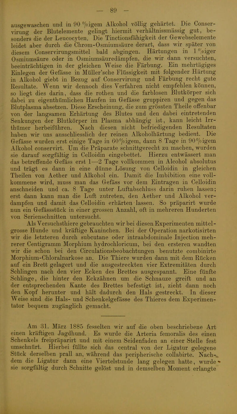 ausgewaschen und in 90 /oigem Alkohol völlig gehärtet. Die Conser- virung der Blutelemente gelingt hiermit verhältnissmässig gut, be- sonders die der Leucocyten. Die Tinctionsfähigkeit der Gewebselemente leidet aber durch die Chrom-Osmiumsäure derart, dass wir sjDäter von diesem Conservirungsmittel bald abgingen. Härtungen in 1 ^loiger Osmiumsäure oder in Osmiumsäuredämpfen, die wir dann versuchten, beeinträchtigen in der gleichen Weise die Färbung. Ein mehrtägiges Einlegen der Gefässe in Müller'sche Flüssigkeit mit folgender Härtung in Alkohol giebt in Bezug auf Conservirung und Färbung recht gute Resultate. Wenn wir dennoch dies Verfahren nicht empfehlen können, so liegt dies darin, dass die rothen und die farblosen Blutkörper sich dabei zu eigenthümlichen Haufen im Gefässe gruppiren und gegen das Blutplasma absetzen. Diese Erscheinung, die zum grössten Theile offenbar von der langsamen Erhärtung des Blutes und den dabei eintretenden Senkungen der Blutkörper im Plasma abhängig ist, kann leicht Irr- thümer herbeiführen. Nach diesen nicht befriedigenden Resultaten haben wir uns ausschliesslich der reinen Alkoholhärtung bedient. Die Gefässe wurden erst einige Tage in 60°/oigem, dann 8 Tage in 90°/oigem Alkohol conservirt. Um die Präparate schnittgerecht zu machen, wurden sie darauf sorgfältig in Celloidin eingebettet. Hierzu entwässert man das betreffende Gefäss erst 1—2 Tage vollkommen in Alcohol absolutus und trägt es dann in eine dünne Lösung von Celloidin in gleichen Theilen von Aether und Alkohol ein. Damit die Imbibition eine voll- kommene wird, muss man das Gefäss vor dem Eintragen in Celloidin anschneiden und ca. 8 Tage unter Luftabschluss darin ruhen lassen; erst dann kann man die Luft zutreten, den Aether und Alkohol ver- dampfen und damit das Celloidin erhärten lassen. So präparirt wurde nun ein Gefässstück in einer grossen Anzahl, oft in mehreren Hunderten von Serien schnitten untersucht. Als Versuchsthiere gebrauchten wir bei diesen Experimenten mittel- grosse Hunde und kräftige Kaninchen. Bei der Operation narkotisirten wir die letzteren durch subcutane oder intraabdominale Injection meh- rerer Centigramm Morphium hydrochloricum, bei den ersteren wandten wir die schon bei den Circulationsbeobachtungen benutzte combinirte Morphium-Chloralnarkose an. Die Thiere wurden dann mit dem Rücken auf ein Brett gelagert und die ausgestreckten vier Extremitäten durch Schlingen nach den vier Ecken des Brettes ausgespannt. Eine fünfte Schlinge, die hinter den Eckzähnen um die Schnauze greift und an der entsprechenden Kante des Brettes befestigt ist, zieht dann noch den Kopf herunter und hält dadurch den Hals gestreckt. In dieser Weise sind die Hals- und Schenkelgefässe des Thieres dem Experimen- tator bequem zugänglich gemacht. Am 31. März 1885 fesselten wir auf die oben beschriebene Art einen kräftigen Jagdhund. Es wurde die Arteria femoralis des einen Schenkels freipräparirt und mit einem Seidenfaden an einer Stelle fest umschnürt. Hierbei füllte sich das central von der Ligatur gelegene Stück derselben prall an, während das peripherische collabirte. Nach-i» dem die Ligatur dann eine Viertelstunde lang gelegen hatte, wurde* sie sorgfältig durch Schnitte gelöst und in demselben Moment erlangte