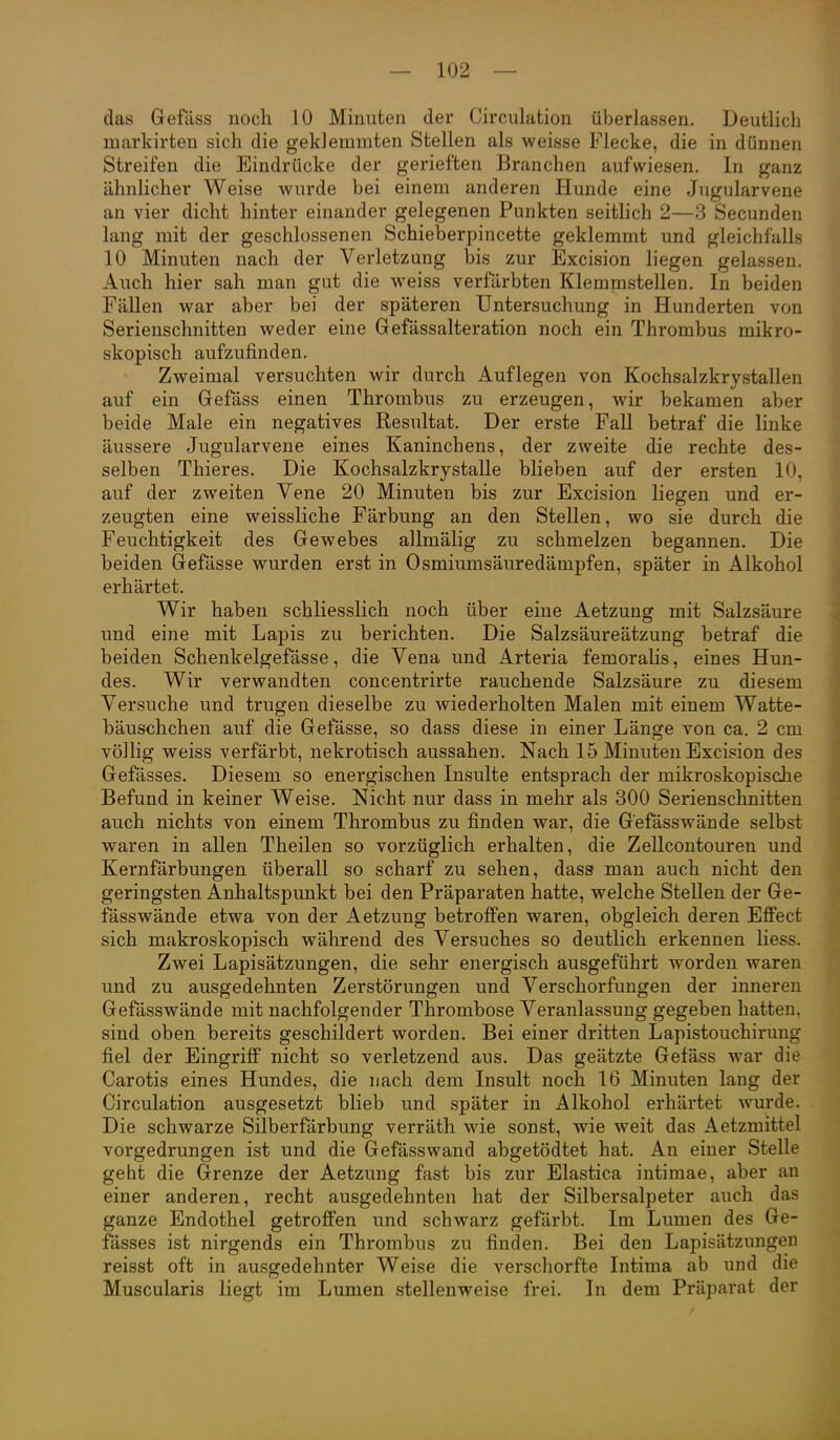 das Gefäss noch 10 Minuten der Circulation überlassen. Deutlich markirten sich die geklemmten Stellen als weisse Flecke, die in dünnen Streifen die Eindrücke der gerieften Branchen aufwiesen. In ganz ähnlicher Weise wurde bei einem anderen Hunde eine Jugularvene an vier dicht hinter einander gelegenen Punkten seitlich 2—3 Secunden lang mit der geschlossenen Schieberpincette geklemmt und gleichfalls 10 Minuten nach der Verletzung bis zur Excision liegen gelassen. Auch hier sah man gut die weiss verfärbten Klemmstellen. In beiden Fällen war aber bei der späteren Untersuchung in Hunderten von Serienschnitten weder eine Gefässalteration noch ein Thrombus mikro- skopisch aufzufinden. Zweimal versuchten wir durch Auflegen von Kochsalzkrystallen auf ein Gefäss einen Thrombus zu erzeugen, wir bekamen aber beide Male ein negatives Resultat. Der erste Fall betraf die linke äussere Jugularvene eines Kaninchens, der zweite die rechte des- selben Thieres. Die Kochsalzkrystalle blieben auf der ersten 10, auf der zweiten Vene 20 Minuten bis zur Excision liegen und er- zeugten eine weissliche Färbung an den Stellen, wo sie durch die Feuchtigkeit des Gewebes allmälig zu schmelzen begannen. Die beiden Gefässe wurden erst in Osmiumsäuredämpfen, später in Alkohol erhärtet. Wir haben schliesslich noch über eine Aetzung mit Salzsäure und eine mit Lapis zu berichten. Die Salzsäureätzung betraf die beiden Schenkelgefässe, die Vena und Arteria femoralis, eines Hun- des. Wir verwandten concentrirte rauchende Salzsäure zu diesem Versuche und trugen dieselbe zu wiederholten Malen mit einem Watte- bäuschchen auf die Gefässe, so dass diese in einer Länge von ca. 2 cm völlig weiss verfärbt, nekrotisch aussahen. Nach 15 Minuten Excision des Gefässes. Diesem so energischen Insulte entsprach der mikroskopische Befund in keiner Weise. Nicht nur dass in mehr als 300 Serienschnitten auch nichts von einem Thrombus zu finden war, die Gefässwände selbst waren in allen Theilen so vorzüglich erhalten, die Zellcontouren und Kernfärbungen überall so scharf zu sehen, dass man auch nicht den geringsten Anhaltspunkt bei den Präparaten hatte, welche Stellen der Ge- fässwände etwa von der Aetzung betrofi'en waren, obgleich deren Effect sich makroskopisch während des Versuches so deutlich erkennen liess. Zwei Lapisätzungen, die sehr energisch ausgeführt worden waren und zu ausgedehnten Zerstörungen und Verschorfungen der inneren Gefässwände mit nachfolgender Thrombose Veranlassung gegeben hatten, sind oben bereits geschildert worden. Bei einer dritten Lapistouchirung fiel der Eingriff nicht so verletzend aus. Das geätzte Gefäss war die Carotis eines Hundes, die nach dem Insult noch 16 Minuten lang der Circulation ausgesetzt blieb und später in Alkohol erhärtet wurde. Die schwarze Silberfärbung verräth wie sonst, wie weit das Aetzmittel vorgedrungen ist und die Gefässwand abgetödtet hat. An einer Stelle geht die Grenze der Aetzung fast bis zur Elastica intimae, aber an einer anderen, recht ausgedehnten hat der Silbersalpeter auch das ganze Endothel getroffen und schwarz gefärbt. Im Lumen des Ge- fässes ist nirgends ein Thrombus zu finden. Bei den Lapisätzungen reisst oft in ausgedehnter Weise die verschorfte Intima ab und die Muscularis liegt im Lumen stellenweise frei. In dem Präparat der
