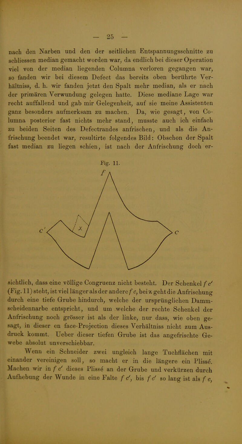 nach den Narben und den der seitlichen Entspannungsschnitte zu schliessen median gemacht worden war, da endlich bei dieser Operation viel von der median liegenden Columna verloren gegangen war, so fanden wir bei diesem Defect das bereits oben berührte Ver- hältnisse d. h. wir fanden jetzt den Spalt mehr median, als er nach der primären Verwundung gelegen hatte. Diese mediane Lage war recht auffallend und gab mir Gelegenheit, auf sie meine Assistenten ganz besonders aufmerksam zu machen. Da, wie gesagt, von Co- lumna posterior fast nichts mehr stand, musste auch ich einfach zu beiden Seiten des Defectrandes anfrischen, und als die An- frischung beendet war, resultirte folgendes Bild: Obschon der Spalt fast median zu liegen schien, ist nach der Anfrischung doch er- Fig. 11. sichtlich, dass eine völlige Congruenz nicht besteht. Der Schenkel f c' (Fig. 11) steht, ist viel länger als der andere /c, bei % geht die Anfrischung durch eine tiefe Grube hindurch, welche der ursprünglichen Damm- scheidennarbe entspricht, und um .welche der rechte Schenkel der Anfrischung noch grösser ist als der linke, nur dass, wie oben ge- sagt, in dieser en face-Projection dieses Verhältniss nicht zum Aus- druck kommt. lieber dieser tiefen Grube ist das angefrischte Ge- webe absolut unverschiebbar. Wenn ein Schneider zwei ungleich lange Tuchflächen mit einander vereinigen soll, so macht er in die längere ein Pliss^. Machen wir in f d dieses Plisse an der Grube und verkürzen durch Aufhebung der Wunde in eine Falte f c\ bis fd so lang ist als fc,