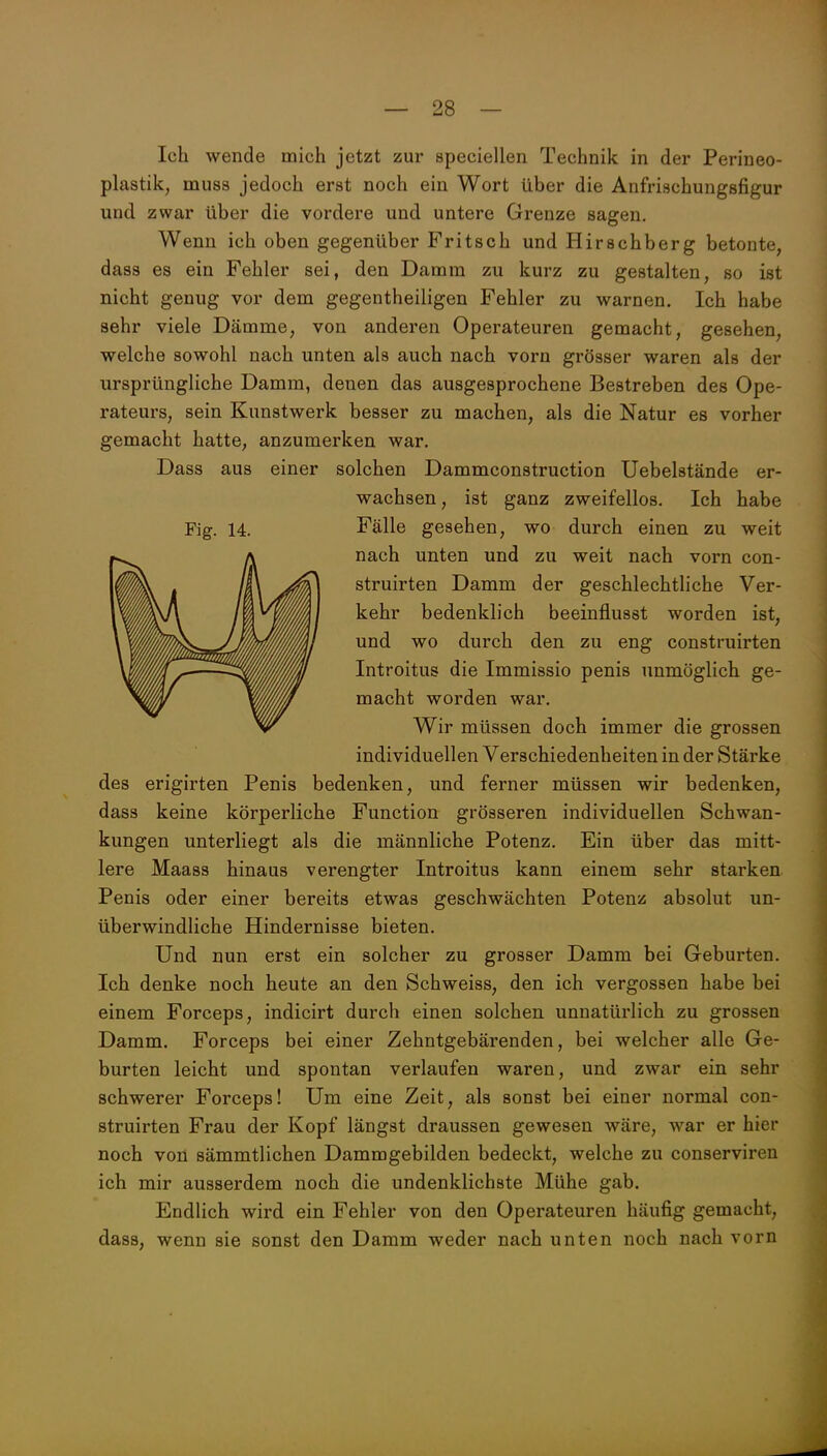 Ich wende mich jetzt zur speciellen Technik in der Perineo- plastik, muss jedoch erst noch ein Wort über die Anfrischungsfigur und zwar über die vordere und untere Grenze sagen. Wenn ich oben gegenüber Fritsch und Hirschberg betonte, dass es ein Fehler sei, den Damm zu kurz zu gestalten, so ist nicht genug vor dem gegentheiligen Fehler zu warnen. Ich habe sehr viele Dämme, von anderen Operateuren gemacht, gesehen, welche sowohl nach unten als auch nach vorn grösser waren als der ursprüngliche Damm, denen das ausgesprochene Bestreben des Ope- rateurs, sein Kunstwerk besser zu machen, als die Natur es vorher gemacht hatte, anzumerken war. Dass aus einer solchen Dammconstruction Uebelstände er- wachsen, ist ganz zweifellos. Ich habe Fig. 14. Fälle gesehen, wo durch einen zu weit nach unten und zu weit nach vorn con- struirten Damm der geschlechtliche Ver- kehr bedenklich beeinflusst worden ist, und wo durch den zu eng construirten Introitus die Immissio penis unmöglich ge- macht worden war. Wir müssen doch immer die grossen individuellen Verschiedenheiten in der Stärke des erigirten Penis bedenken, und ferner müssen wir bedenken, dass keine körperliche Function grösseren individuellen Schwan- kungen unterliegt als die männliche Potenz. Ein über das mitt- lere Maass hinaus verengter Introitus kann einem sehr starken Penis oder einer bereits etwas geschwächten Potenz absolut un- überwindliche Hindernisse bieten. Und nun erst ein solcher zu grosser Damm bei Geburten. Ich denke noch heute an den Schweiss, den ich vergossen habe bei einem Forceps, indicirt durch einen solchen unnatürlich zu grossen Damm. Forceps bei einer Zehntgebärenden, bei welcher alle Ge- burten leicht und spontan verlaufen waren, und zwar ein sehr schwerer Forceps! Um eine Zeit, als sonst bei einer normal con- struirten Frau der Kopf längst draussen gewesen wäre, war er hier noch von sämmtlichen Dammgebilden bedeckt, welche zu conserviren ich mir ausserdem noch die undenklichste Mühe gab. Endlich wird ein Fehler von den Operateuren häufig gemacht, dass, wenn sie sonst den Damm weder nach unten noch nach vorn