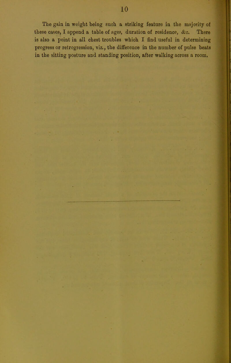 The gain in weight being such a striking feature in the majority of these cases, I append a table of ages, duration of residence, &c. There is also a point in all chest troubles which I find useful in determining progress or retrogression, viz., the difference in the number of pulse beats in the sitting posture and standing position, after walking across a room.