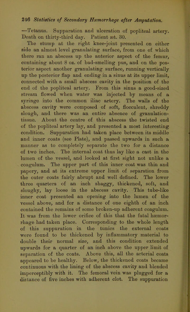 —Tetanus. Supparation and ulceration of popliteal artery. Death on thirty-third day. Patient aet. 30. The stump at the right knee-joint presented on either side an almost level granulating surface, from one of which there ran an abscess up the anterior aspect of the femur, containing about 8 oz. of bad-smelling pus, and on the pos- terior aspect another granulating surface, running vertically up the posterior flap and ending in a sinus at its upper limit, connected with a small abscess cavity in the position of the end of the popliteal artery. From this sinus a good-sized stream flowed when water was injected by means of a syringe into the common iliac artery. The walls of the abscess cavity were composed of soft, flocculent, shi*eddy slough, and there was an entire absence of granulation- tissue. About the centre of this abscess the twisted end of the popliteal artery lay, and presented a most interesting condition. Suppuration had taken place between its middle and inner coats (see Plate), and passed upwards in such a manner as to completely separate the two for a distance of two inches. The internal coat thus lay like a cast in the lumen of the vessel, and looked at first sight not unlike a coagulum. The upper part of this inner coat was thin and papery, and at its extreme upper limit of separation from the outer coats fairly abrupt and well defined. The lower three quarters of an inch shaggy, thickened, soft, and sloughy, lay loose in the abscess cavity. This tube-like inner coat presented an opening into the lumen of the vessel above, and for a distance of one eighth of an inch contained the remains of some broken-up adherent coagulum. It was from the lower orifice of this that the fatal haemor- rhage had taken place. Corresponding to the whole length of this suppuration in the tunics the external coats were found to be thickened by inflammatory material to double their normal size, and this condition extended upwards for a quarter of an inch above the upper limit of separation of the coats. Above this, all the arterial coats appeared to be healthy. Below, the thickened coats became continuous with the lining of the abscess cavity and blended imperceptibly with it. The femoral vein was plugged for a distance of five inches with adherent clot. The suppuration