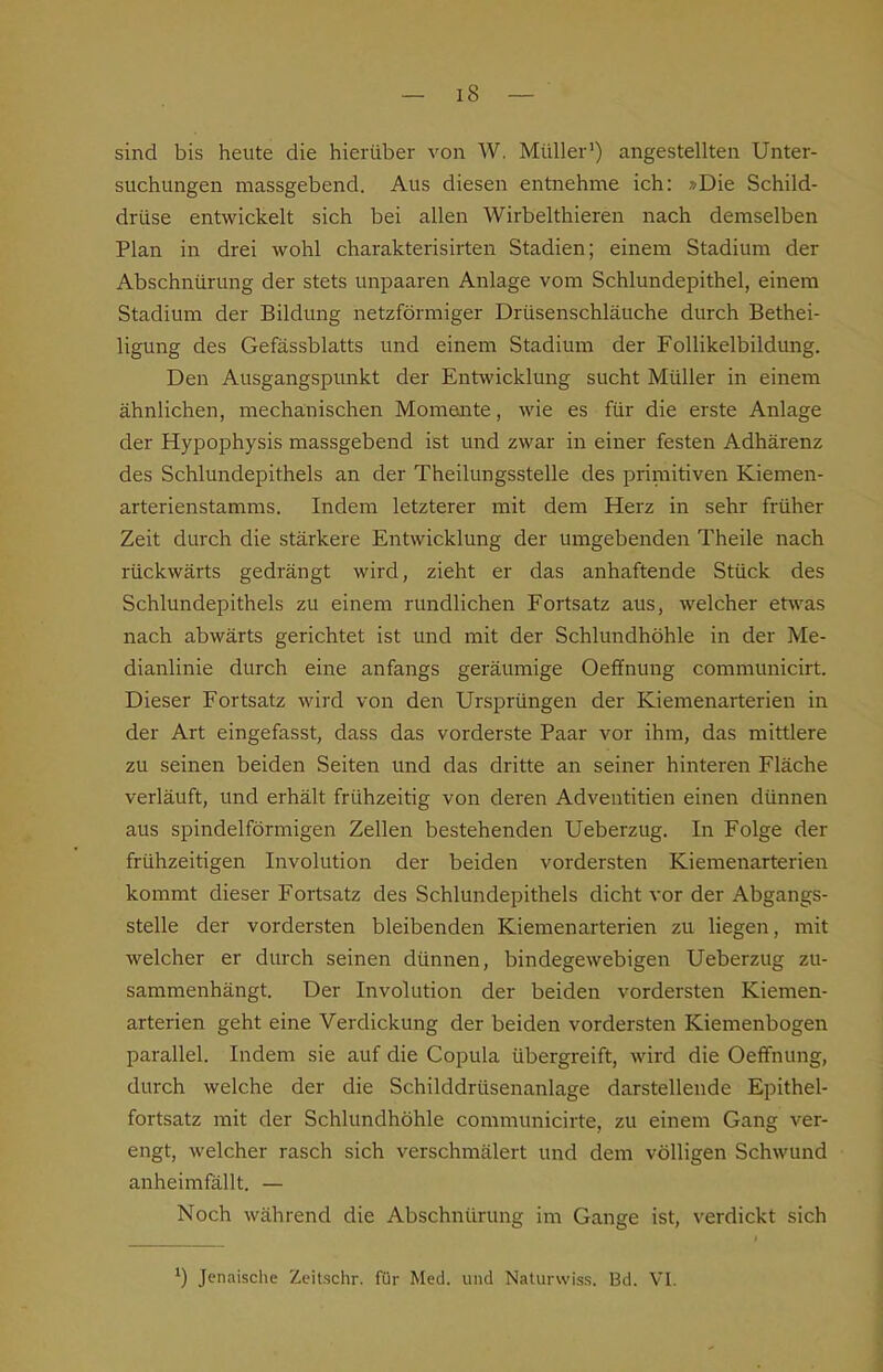 sind bis heute die hierüber von W. Müller') angestellten Unter- suchungen massgebend. Aus diesen entnehme ich: »Die Schild- drüse entwickelt sich bei allen Wirbelthieren nach demselben Plan in drei wohl charakterisirten Stadien; einem Stadium der Abschnürung der stets unpaaren Anlage vom Schlundepithel, einem Stadium der Bildung netzförmiger Drüsenschläuche durch Bethei- ligung des Gefässblatts und einem Stadium der Follikelbildung. Den Ausgangspunkt der Entwicklung sucht Müller in einem ähnlichen, mechanischen Momeaite, wie es für die erste Anlage der Hypophysis massgebend ist und zwar in einer festen Adhärenz des Schlundepithels an der Theilungsstelle des primitiven Kiemen- arterienstamms. Indem letzterer mit dem Herz in sehr früher Zeit durch die stärkere Entwicklung der umgebenden Theile nach rückwärts gedrängt wird, zieht er das anhaftende Stück des Schlundepithels zu einem rundlichen Fortsatz aus, welcher etwas nach abwärts gerichtet ist und mit der Schlundhöhle in der Me- dianlinie durch eine anfangs geräumige Oeffnung communicirt. Dieser Fortsatz wird von den Ursprüngen der Kiemenarterien in der Art eingefasst, dass das vorderste Paar vor ihm, das mittlere zu seinen beiden Seiten und das dritte an seiner hinteren Fläche verläuft, und erhält frühzeitig von deren Adventitien einen dünnen aus spindelförmigen Zellen bestehenden Ueberzug. In Folge der frühzeitigen Involution der beiden vordersten Kiemenarterien kommt dieser Fortsatz des Schlundepithels dicht vor der Abgangs- stelle der vordersten bleibenden Kiemenarterien zu liegen, mit welcher er durch seinen dünnen, bindegewebigen Ueberzug zu- sammenhängt. Der Involution der beiden vordersten Kiemen- arterien geht eine Verdickung der beiden vordersten Kiemenbogen parallel. Indem sie auf die Copula übergreift, wird die Oeffnung, durch welche der die Schilddrüsenanlage darstellende Epithel- fortsatz mit der Schlundhöhle communicirte, zu einem Gang ver- engt, welcher rasch sich verschmälert und dem völligen Schwund anheimfällt. — Noch während die Abschnürung im Gange ist, verdickt sich ') Jenaische Zeitschr. für Med. und Naturwiss. Bd. VI.