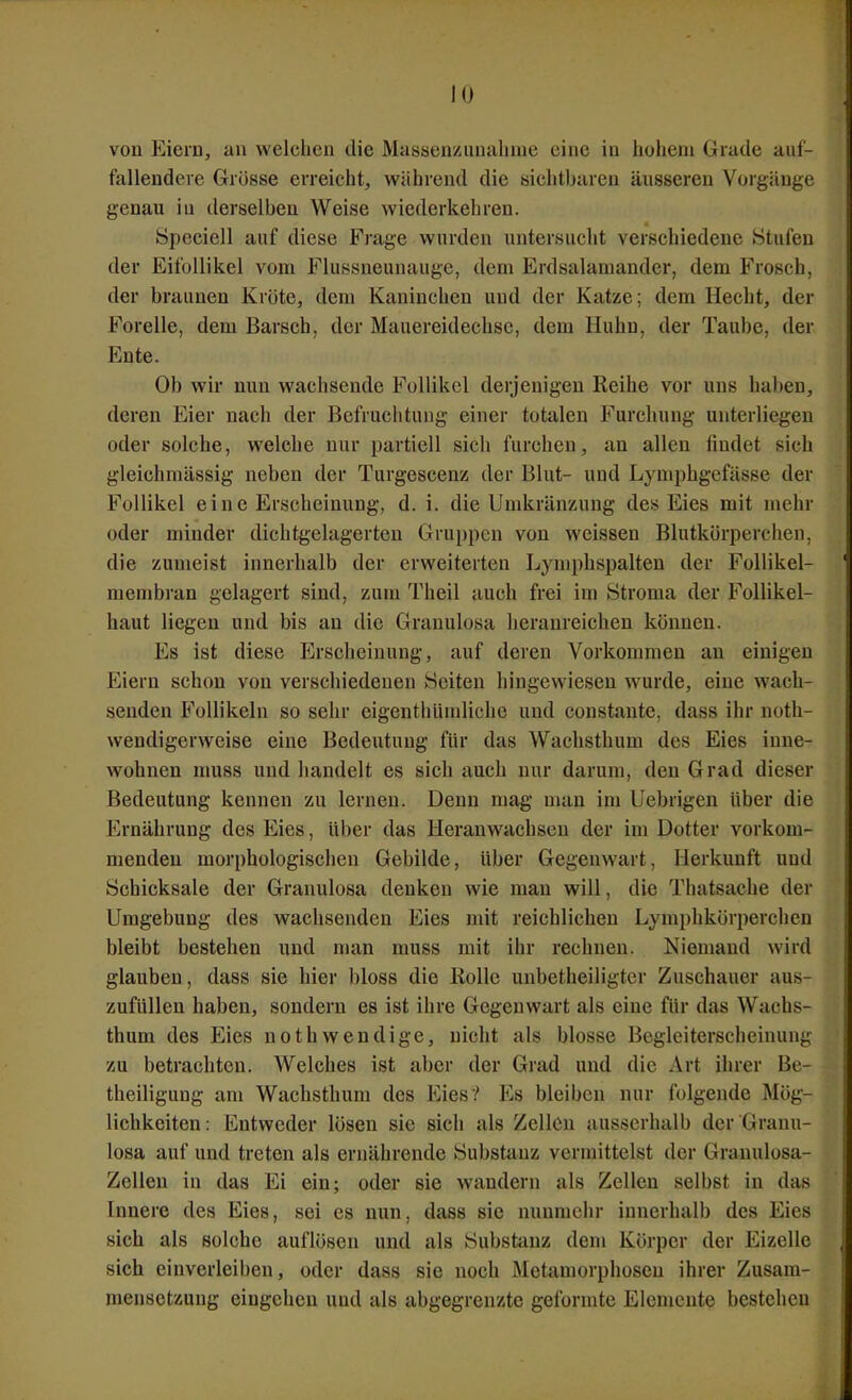 von Eiern, an welchen die Massenzunalinie eine in hohem Grade auf- fallendere Grösse erreicht, während die sichtbaren äusseren Vorgänge genau in derselben Weise wiederkehren. Spcciell auf diese Frage wurden untersucht verschiedene Stufen der Eifollikel vom Flussneunauge, dem ErdSalamander, dem Frosch, der braunen Kröte, dem Kaninchen und der Katze; dem Hecht, der Forelle, dem Barsch, der Mauereidechsc, dem Huhn, der Taube, der Ente. Ob wir nun wachsende Follikel derjenigen Reihe vor uns haben, deren Eier nach der Befruchtung einer totalen Furchung unterliegen oder solche, welche nur partiell sich furchen, an allen findet sich gleichmässig neben der Turgescenz der Blut- und Lymphgefässe der Follikel eine Erscheinung, d. i. die Umkränzung des Eies mit mehr oder minder dichtgelagerten Gruppen von weissen Blutkörperchen, die zumeist innerhalb der erweiterten Lymphspalten der Follikel- membran gelagert sind, zum Theil auch frei im Stroma der Follikel- haut liegen und bis an die Grauulosa heranreichen können. Es ist diese Erscheinung, auf deren Vorkommen an einigen Eiern schon von verschiedenen Seiten hingewiesen wurde, eine wach- senden Follikeln so sehr eigenthümliche und constante, dass ihr noth- wendigerweise eine Bedeutung für das Wachsthum des Eies inne- wohnen muss und handelt es sich auch nur darum, den Grad dieser Bedeutung kennen zu lernen. Denn mag nuiu im Uebrigen über die Ernährung des Eies, über das Heranwachsen der im Dotter vorkom- menden morphologischen Gebilde, über Gegenwart, Herkunft und Schicksale der Granulosa denken wie mau will, die Thatsache der Umgebung des wachsenden Eies mit reichlichen Lymphkörpercheu bleibt bestehen und man muss mit ihr rechnen. Niemand wird glauben, dass sie hier bloss die Kolle unbetheiligtcr Zuschauer aus- zufüllen haben, sondern es ist ihre Gegenwart als eine für das Wachs- thum des Eies nothwendige, nicht als blosse Begleiterscheinung zu betrachten. Welches ist aber der Grad und die Art ihrer Be- theiligung am Wachsthuni des Eies? Es bleiben nur folgende Mög- lichkeiten: Entweder lösen sie sich als Zellen ausserhalb der Granu- losa auf und treten als ernährende Substanz vermittelst der Granulosa- Zellen in das Ei ein; oder sie wandern als Zellen selbst in das Innere des Eies, sei es nun, dass sie nunmehr innerhalb des Eies sich als solche auflösen und als Substanz dem Körper der Eizelle sich einverleiben, oder dass sie noch Metamorphosen ihrer Zusam- mensetzung eingehen und als abgegrenzte geformte Elemente bestehen