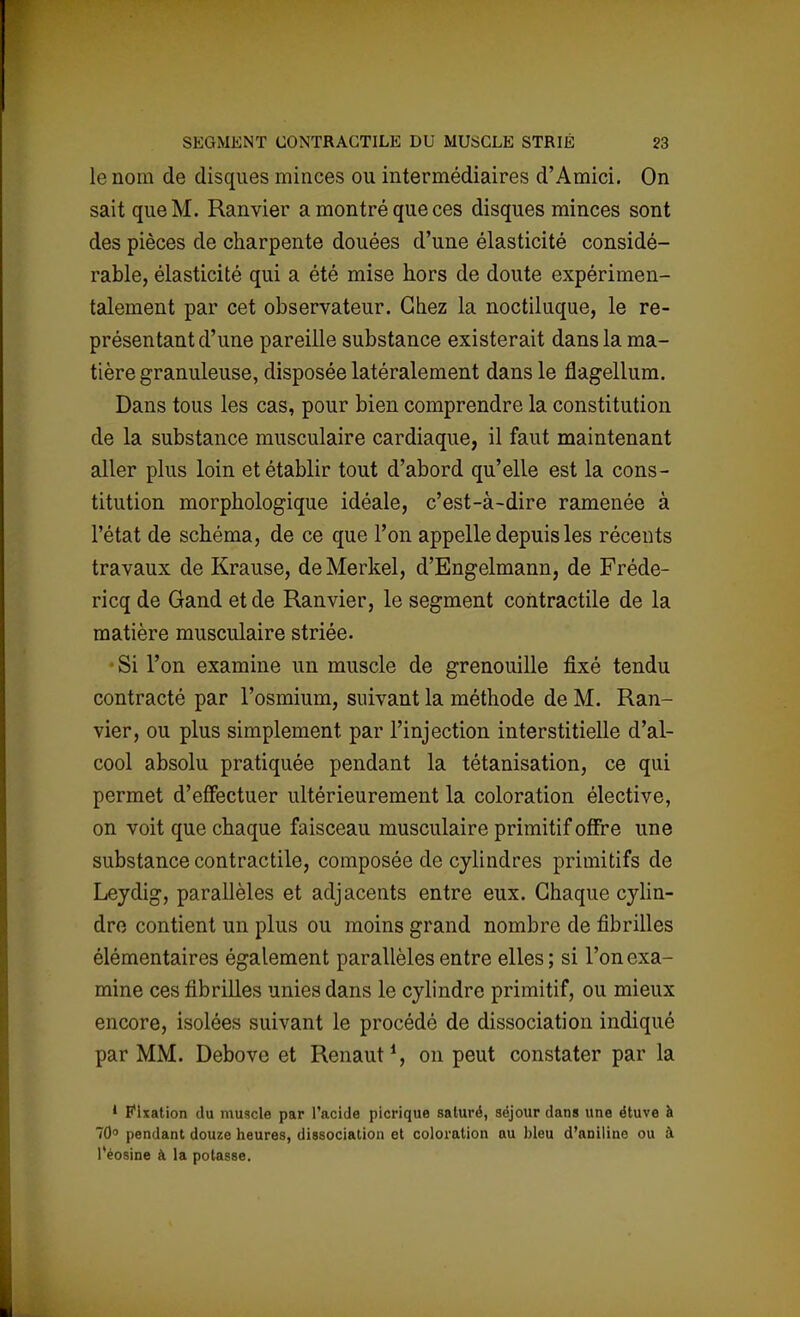 le nom de disques minces ou intermédiaires d'Amici. On sait que M. Ranvier a montré que ces disques minces sont des pièces de charpente douées d'une élasticité considé- rable, élasticité qui a été mise hors de doute expérimen- talement par cet observateur. Chez la noctiluque, le re- présentant d'une pareille substance existerait dans la ma- tière granuleuse, disposée latéralement dans le flagellum. Dans tous les cas, pour bien comprendre la constitution de la substance musculaire cardiaque, il faut maintenant aller plus loin et établir tout d'abord qu'elle est la cons- titution morphologique idéale, c'est-à-dire ramenée à l'état de schéma, de ce que l'on appelle depuis les récents travaux de Krause, deMerkel, d'Engelmann, de Fréde- ricq de Gand et de Ranvier, le segment contractile de la matière musculaire striée. •Si l'on examine un muscle de grenouille fixé tendu contracté par l'osmium, suivant la méthode de M. Ran- vier, ou plus simplement par l'injection interstitielle d'al- cool absolu pratiquée pendant la tétanisation, ce qui permet d'effectuer ultérieurement la coloration élective, on voit que chaque faisceau musculaire primitif offre une substance contractile, composée de cylindres primitifs de Leydig, parallèles et adjacents entre eux. Chaque cylin- dre contient un plus ou moins grand nombre de fibrilles élémentaires également parallèles entre elles; si l'on exa- mine ces fibrilles unies dans le cylindre primitif, ou mieux encore, isolées suivant le procédé de dissociation indiqué par MM. Debove et Renaut1, on peut constater par la • Fixation du muscle par l'acide picrique saturé, séjour dans une étuve à 70° pendant douze heures, dissociation et coloration au bleu d'aniline ou à l'éosine à la potasse.