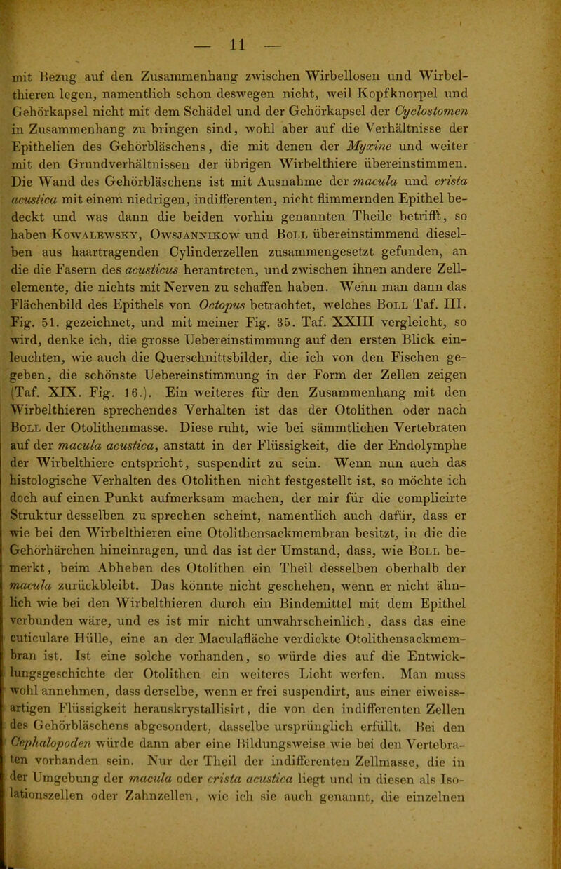 I mit Bezug auf den Zusammenhang zwischen Wirbellosen und Wirbel- thieren legen, namentlich schon deswegen nicht, weil Kopfknorpel und Gehörkapsel nicht mit dem Schädel und der Gehörkapsel der Cyclostomen in Zusammenhang zu bringen sind, wohl aber auf die Verhältnisse der Epithelien des Gehörbläschens, die mit denen der Myxine und weiter mit den Grundverhältnissen der übrigen Wirbelthiere übereinstimmen. Die Wand des Gehörbläschens ist mit Ausnahme der macula und crista acustica mit einem niedrigen, indifferenten, nicht flimmernden Epithel be- deckt und was dann die beiden vorhin genannten Theile betrifft, so haben Kowalewsky, Owsjannikow und Boll übereinstimmend diesel- ben aus haartragenden Cylinderzellen zusammengesetzt gefunden, an die die Fasern des acusticus heran treten, und zwischen ihnen andere Zell- elemente, die nichts mit Nerven zu schaffen haben. Wenn man dann das Flächenbild des Epithels von Octopus betrachtet, welches Boll Taf. III. Fig. 51. gezeichnet, und mit meiner Fig. 35. Taf. XXIII vergleicht, so wird, denke ich, die grosse Uebereinstimmung auf den ersten Blick ein- leuchten, wie auch die Querschnittsbilder, die ich von den Fischen ge- geben, die schönste Uebereinstimmung in der Form der Zellen zeigen (Taf. XIX. Fig. 16.). Ein weiteres für den Zusammenhang mit den Wirbelthieren sprechendes Verhalten ist das der Otolithen oder nach Boll der Otolithenmasse. Diese ruht, wie bei sämmtlichen Vertebraten auf der macula acustica, anstatt in der Flüssigkeit, die der Endolymphe der Wirbelthiere entspricht, suspendirt zu sein. Wenn nun auch das histologische Verhalten des Otolithen nicht festgestellt ist, so möchte ich doch auf einen Punkt aufmerksam machen, der mir für die complicirte Struktur desselben zu sprechen scheint, namentlich auch dafür, dass er wie bei den Wirbelthieren eine Otolithensackmembran besitzt, in die die Gehörhärchen hineinragen, und das ist der Umstand, dass, wie Boll be- merkt, beim Abheben des Otolithen ein Theil desselben oberhalb der macula zurückbleibt. Das könnte nicht geschehen, wenn er nicht ähn- lich wie bei den Wirbelthieren durch ein Bindemittel mit dem Epithel verbunden wäre, und es ist mir nicht unwahrscheinlich, dass das eine cuticulare Hülle, eine an der Maculafläche verdickte Otolithensackmem- bran ist. Ist eine solche vorhanden, so würde dies auf die Entwick- lungsgeschichte der Otolithen ein weiteres Licht werfen. Man muss wohl annehmen, dass derselbe, wenn er frei suspendirt, aus einer eiweiss- artigen Flüssigkeit herauskrystallisirt, die von den indifferenten Zellen des Gehörbläschens abgesondert, dasselbe ursprünglich erfüllt. Bei den Cephalopodm würde dann aber eine Bildungsweise wie bei den Vertebra- ten vorhanden sein. Nur der Theil der indifferenten Zellmasse, die in der Umgebung der macula oder crista acustica liegt und in diesen als Iso- lationszellen oder Zahnzellen, wie ich sie auch genannt, die einzelnen