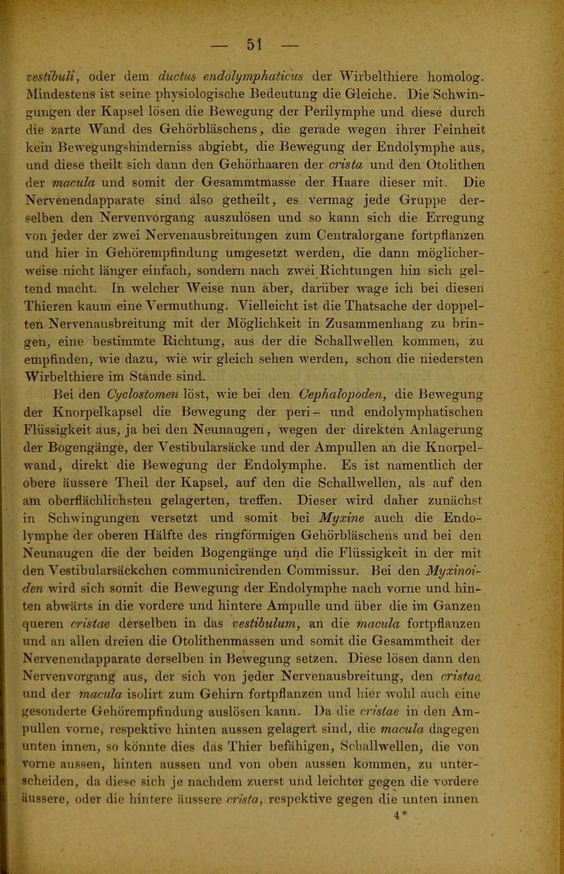 vestibuli, oder dem ductus endolymphaticus der Wirbelthiere homolog. Mindestens ist seine physiologische Bedeutung die Gleiche. Die Schwin- gungen der Kapsel lösen die Bewegung der Perilymphe und diese durch die zarte Wand des Gehörbläschens, die gerade wegen ihrer Feinheit kein Bewegungshinderniss abgiebt, die Bewegung der Endolymphe aus, und diese theilt sich dann den Gehörhaaren der crista und den Otolithen der macula und somit der Gesammtmasse der Haare dieser mit. Die Nerven endapparate sind also getheilt, es vermag jede Gruppe der- selben den Nervenvorgang auszulösen und so kann sich die Erregung von jeder der zwei Nervenausbreitungen zum Centralorgane fortpflanzen und hier in Gehörempfindung umgesetzt werden, die dann möglicher- weise nicht länger einfach, sondern nach zwei Richtungen hin sich gel- tend macht. In welcher Weise nun aber, darüber wage ich bei diesen Thieren kaum eine Yermuthung. Vielleicht ist die Thatsache der doppel- ten Nervenausbreitung mit der Möglichkeit in Zusammenhang zu brin- gen, eine bestimmte Richtung, aus der die Schallwellen kommen, zu empfinden, wie dazu, wie wir gleich sehen werden, schon die niedersten Wirbelthiere im Stande sind. Bei den Cyclostomen löst, wie bei den Cephalopoden, die Bewegung der Knorpelkapsel die Bewegung der peri- und endolymphatischen Flüssigkeit aus, ja bei den Neunaugen, wegen der direkten Anlagerung der Bogengänge, der Vestibularsäcke und der Ampullen an die Knorpel- wand, direkt die Bewegung der Endolymphe. Es ist namentlich der obere äussere Theil der Kapsel, auf den die Schallwellen, als auf den am oberflächlichsten gelagerten, treffen. Dieser wird daher zunächst in Schwingungen versetzt und somit bei Myxine auch die Endo- lymphe der oberen Hälfte des ringförmigen Gehörbläschens und bei den Neunaugen die der beiden Bogengänge und die Flüssigkeit in der mit den Vestibularsäckchen communicirenden Commissur. Bei den Myxinoi- den wird sich somit die Bewegung der Endolymphe nach vorne und hin- ten abwärts in die vordere und hintere Ampulle und über die im Ganzen queren cristae derselben in das vestibulum, an die macula fortpflanzen und an allen dreien die Otolithenmassen und somit die Gesammtheit der Nerven endapparate derselben in Bewegung setzen. Diese lösen dann den NervenvoTgang aus, der sich von jeder Nervenausbreitung, den cristae. und der macula isolirt zum Gehirn fortpflanzen und hier wohl auch eine gesonderte Gehörempfindung auslöscn kann. Da die cristae in den Am- pullen vorne, respektive hinten aussen gelagert sind, die macula dagegen unten innen, so könnte dies das Thier befähigen, Schallwellen, die von vorne aussen, hinten aussen und von oben aussen kommen, zu unter- scheiden, da diese sich je nachdem zuerst und leichter gegen die vordere äussere, oder die hintere äussere crista, respektive gegen die unten innen 4*