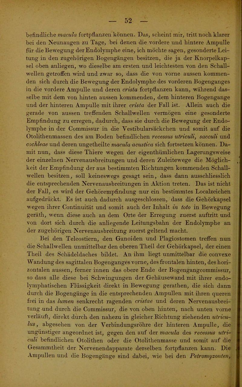 befindliche macula fortpflanzen können. Das, scheint mir, tritt noch klarer bei den Neunaugen zu Tage, bei denen die vordere und hintere Ampulle für die Bewegung der Endolymphe eine, ich möchte sagen, gesonderte Lei- tung in den zugehörigen Bogengängen besitzen, die ja der Knorpelkap- sel oben anliegen, wo dieselbe am ersten und leichtesten von den Schall- wellen getroffen wird und zwar so, dass die von vorne aussen kommen- den sich durch die Bewegung der Endolymphe des vorderen Bogenganges in die vordere Ampulle und deren crista fortpflanzen kann, -während das- selbe mit dem von hinten aussen kommenden, dem hinteren Bogengänge und der hinteren Ampulle mit ihrer crista der Fall ist. Allein auch die gerade von aussen treffenden Schallwellen vermögen eine gesonderte Empfindung zu erregen, dadurch, dass sie durch die Bewegung der Endo- lymphe in der Commissur in die Yestibularsäckchen und somit auf die Otolithenmassen des am Boden befindlichen recessus utriculi, sacculi und cochleae und deren ungetheilte macula acustica sich fortsetzen können. Da- mit nun, dass diese Thiere wegen der eigentümlichen Lagerungsweise der einzelnen Nervenausbreitungen und deren Zuleitewege die Möglich- keit der Empfindung der aus bestimmten Richtungen kommenden Schall- wellen besitzen, soll keineswegs gesagt sein, dass dann ausschliesslich die entsprechenden Nervenausbreitungen in Aktion treten. Das ist nicht der Fall, es wird der Gehörempfindung nur ein bestimmtes Localzeichen aufgedrückt. Es ist auch dadurch ausgeschlossen, dass die Gehörkapsel wegen ihrer Continuität und somit auch der Inhalt in toto in Bewegung geräth, wenn diese auch an dem Orte der Erregung zuerst auftritt und von dort sich durch die anliegende Leitungsbahn der Endolymphe an der zugehörigen Nervenausbreitung zuerst geltend macht. Bei den Teleostiern, den Ganoiden und Plagiostomen treffen nun die Schallwellen unmittelbar den oberen Theil der Gehörkapsel, der einen Theil des Schädeldaches bildet. An ihm liegt unmittelbar die convexe Wandung des sagittalen Bogenganges vorne, des frontalen hinten, des hori- zontalen aussen, ferner innen das obere Ende der Bogengangcommissur, so dass alle diese bei Schwingungen der Gehäusewand mit ihrer endo- lymphatischen Flüssigkeit direkt in Bewegung gerathen, die sich dann durch die Bogengänge in die entsprechenden Ampullen mit ihren queren frei in das lumen senkrecht ragenden cristae und deren Nervenausbrei- tung und durch die Commissur, die von oben hinten, nach unten vorne verläuft, direkt durch den nahezu in gleicher Richtung ziehenden utricu- lus, abgesehen von der Verbindungsröhre der hinteren Ampulle, die ungünstiger angeordnet ist, gegen den auf der macula des recessus utri- culi befindlichen Otolitlien oder die Otolithenmasse und somit auf die Gesammtheit der Nervenendapparate derselben fortpflanzen kann. Die Ampullen und die Bogengänge sind dabei, wie bei den Petromyzonten,