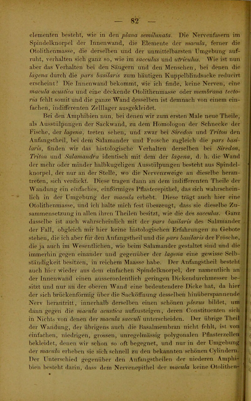 elementen besteht, wie in den plana semähmata. Die Nervenfasern im Spindelknorpel der Innenwand, die Elemente der maeula, ferner die Otolithcnmasse, die derselben und der unmittelbarsten Umgebung auf- ruht, verhalten sich ganz so, wie im sacculus und ulriculus. Wie ist nun aber das Verhalten bei den Säugern und den Menschen, bei denen die lagena durch die pars basilaris zum häutigen Kuppelblindsacke reducirt erscheint? Die Innenwand bekommt, wie ich finde, keine Nerven, eine maeula acustica und eine deckende Otolithenmasse oder membrana tecto- ria fehlt somit und die ganze Wand desselben ist demnach von einem ein- fachen, indifferenten Zelllager ausgekleidet. Bei den Amphibien nun, bei denen wir zum ersten Male neue Theile, als Ausstülpungen der Sackwand, zu dem Homologon der Schnecke der Fische, der lagena, treten sehen, und zwar bei Siredon und Triton den Anfangstheil, bei dem Salamander und Frosche zugleich die pars basi- laris, finden wir das histologische Verhalten derselben bei Siredon, Triton und Salamandra identisch mit dem der lagena, d. h. die Wand der mehr oder minder halbkugeligen Ausstülpungen besteht aus Spindel- knorpel, der nur an der Stelle, wo die Nervenzweige an dieselbe heran- treten, sich verdickt. Diese tragen dann an dem indifferenten Theile der Wandung ein einfaches, einförmiges Pflasterepithel, das sich wahrschein- lich in der Umgebung der maeula erhebt. Diese trägt auch hier eine Otolithenmasse, und ich halte mich fest überzeugt, dass sie dieselbe Zu- sammensetzung in allen ihren Theilen besitzt, Avie die des saenäus. Ganz dasselbe ist auch wahrscheinlich mit der pars basilaris des Salamander der Fall, obgleich mir hier keine histologischen Erfahrungen zu Gebote stehen, die ich aber für den Anfangstheil und die pars basilaris der Frösche, die ja auch im Wesentlichen, wie beim Salamander gestaltet sind und die immerhin gegen einander und gegenüber der lagena eine gewisse Selb- ständigkeit besitzen, in reichem Maasso habe. Der Anfangstheil besteht auch hier wieder aus dem einfachen Spindelknorpel, der namentlich an der Innenwand einen ausserordentlich geringen Diekendurclunesser be- sitzt und nur an der oberen Wand eine bedeutendere Dicke hat, da hier der sich brückenförmig über die Sacköffnung desselben hinüberspannende Nerv herantritt, innerhalb derselben einen schönen plexus bildet, um dann gegen die maeula acustica aufzusteigen, deren (Konstituenten sich in Nichts von denen der maciäa saceuli unterscheiden. Der übrige Theil der Wandung, der übrigens auch die Basalmembran nicht fehlt, ist von einfachen, niedrigen, grossen, unregelmässig polygonalen Pflasterzellen bekleidet, denen wir schon so oft begegnet, und nur in der Umgebung der maeula erheben sie sich schnell zu den bekannten schönen Cylindern. Der Unterschied gegenüber den Anfangstheilen der niederen Amphi- bien besteht darin, dass dem Nervenepithel der maeula keine Otolithen-