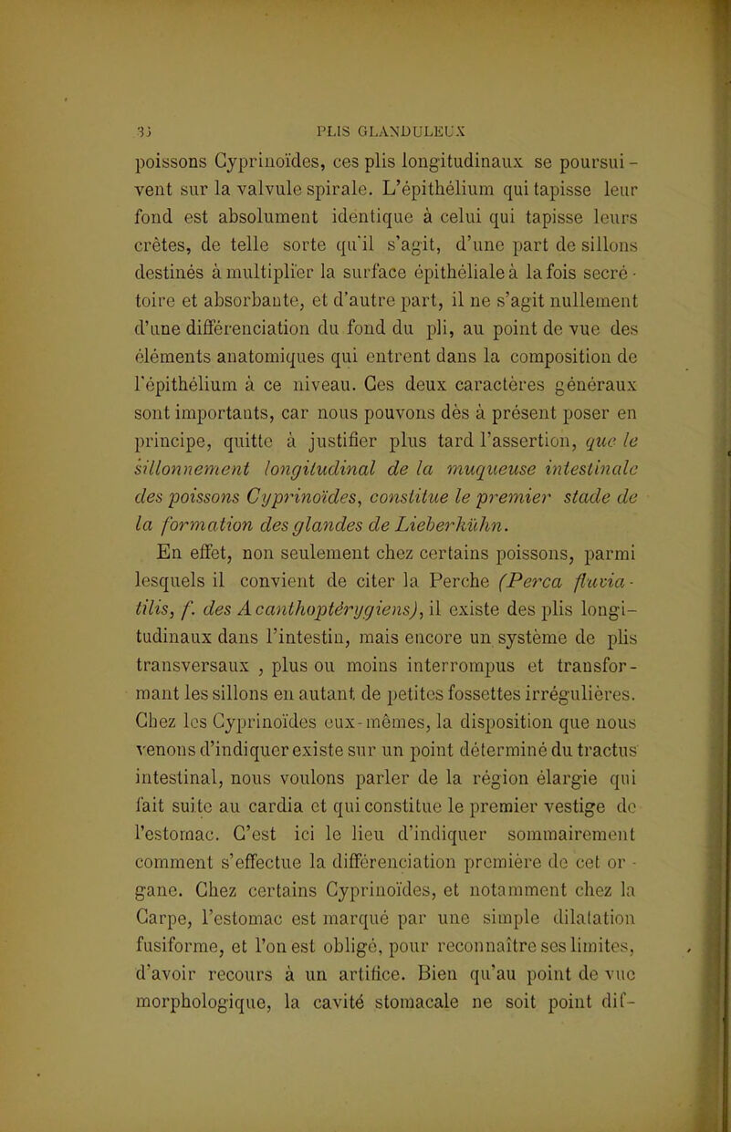 poissons Gypriuoïdes, ces plis longitudinaux se poursui - vent sur la valvule spirale. L'épithélium qui tapisse leur fond est absolument identique à celui qui tapisse leurs crêtes, de telle sorte qu'il s'agit, d'une part de sillons destinés à multiplier la surface épithéliale à la fois secré- taire et absorbante, et d'autre part, il ne s'agit nullement d'une différenciation du fond du pli, au point de vue des éléments anatomiques qui entrent dans la composition de l'épithélium à ce niveau. Ces deux caractères généraux sont importants, car nous pouvons dès à présent poser en principe, quitte à justifier plus tard l'assertion, que le sillonnement longitudinal de la muqueuse intestinale des poissons Cyprinoïdes, constitue le premier stade de la formation des glandes de Lieberhùhn. En effet, non seulement chez certains poissons, parmi lesquels il convient de citer la Perche (Perça fluvia ■ tilis, f. des Acanlhoptéri/giens), il existe des plis longi- tudinaux dans l'intestin, mais encore un système de plis transversaux , plus ou moins interrompus et transfor- mant les sillons en autant de petites fossettes irrégulières. Chez les Cyprinoïdes eux-mêmes, la disposition que nous venons d'indiquer existe sur un point déterminé du tractus intestinal, nous voulons parler de la région élargie qui fait suite au cardia et qui constitue le premier vestige de l'estomac. C'est ici le lieu d'indiquer sommairement comment s'effectue la différenciation première de cet or - gane. Chez certains Cyprinoïdes, et notamment chez la Carpe, l'estomac est marqué par une simple dilatation fusiforme, et l'on est obligé, pour reconnaître ses limites, d'avoir recours à un artifice. Bien qu'au point de vue morphologique, la cavité stomacale ne soit point dif-