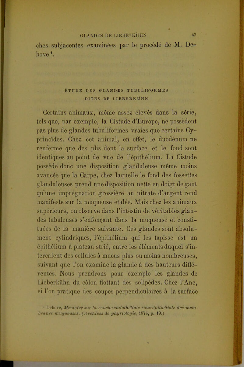 ches subjacentes examinées par le procédé de M. De- bove *. ÉTUDE DES GLANDES TUBULI FOR MES DITES DE LIEBERKUHN Certains animaux, même assez élevés dans la série, tels que, par exemple, la Gistude d'Europe, ne possèdent pas plus de glandes tubuliformes vraies que certains Cy- prinoïdes. Chez cet animal, en effet, le duodénum ne renferme que des plis dont la surface et le fond sont identiques au point de vue de l'épithélium. La Cistude possède donc une disposition glanduleuse même moins avancée que la Carpe, chez laquelle le fond des fossettes glanduleuses prend une disposition nette en doigt de gant qu'une imprégnation grossière au nitrate d'argent rend manifeste sur la muqueuse étalée. Mais chez les animaux supérieurs, on observe dans l'intestin de véritables glan- des tubuleuses s'enfonçant dans la muqueuse et consti- tuées de la manière suivante. Ces glandes sont absolu- ment cylindriques, l'épithélium qui les tapisse est un épithélium à plateau strié, entre les éléments duquel s'in- tercalent des cellules à mucus plus ou moins nombreuses, suivant que l'on examine la glande à des hauteurs diffé- rentes. Nous prendrons pour exemple les glandes de Lieberkûhn du côlon flottant des solipèdes. Chez l'Ane, si l'on pratique des coupes perpendiculaires à la surface 1 Dehovc, Mémoire sur la coucha cndothe'liale sous-epithcliale des mem- branes muqueuses. (Archives de physiologie, 1871, p. 19.)