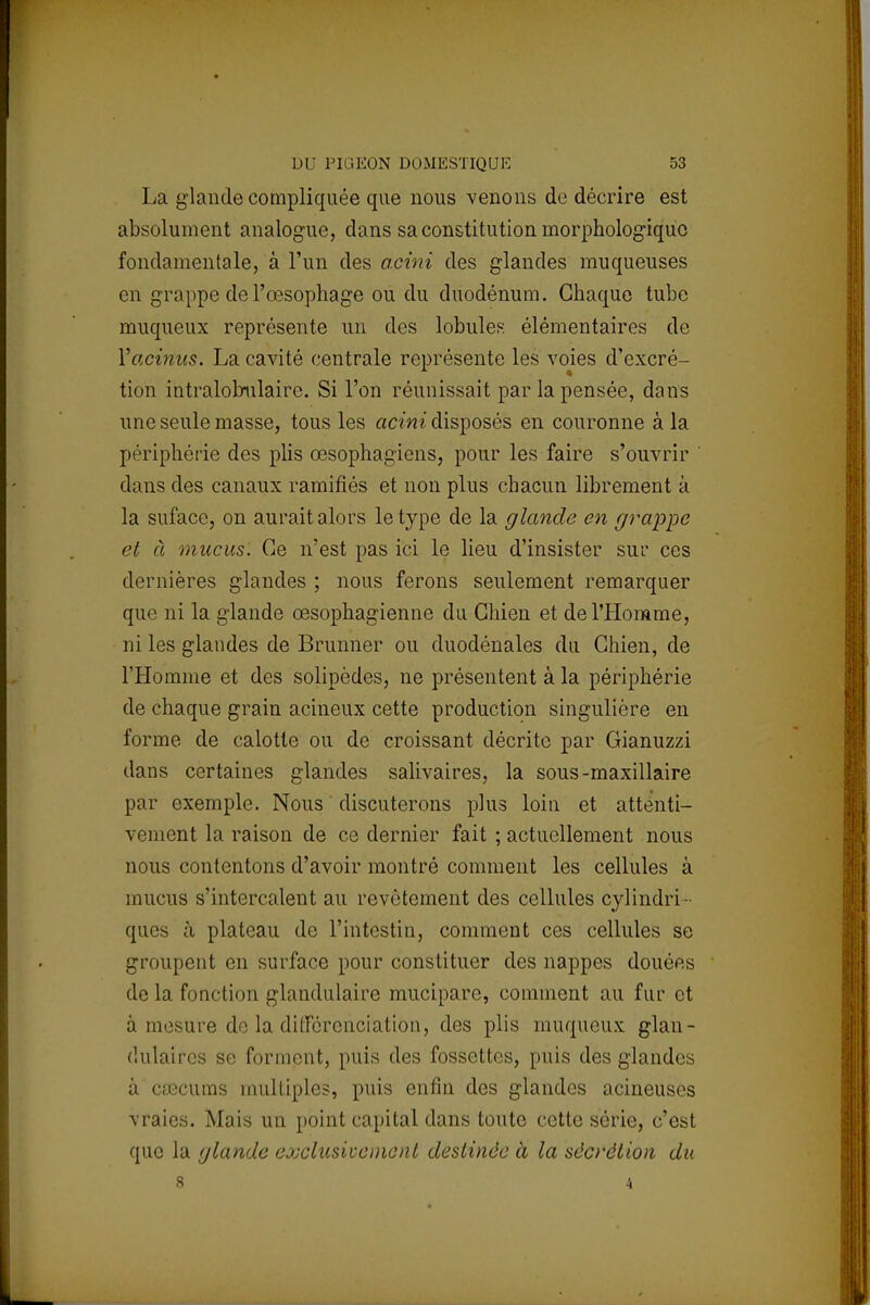 La glande compliquée que nous venons de décrire est absolument analogue, dans sa constitution morphologique fondamentale, à l'un des acini des glandes muqueuses en grappe de l'œsophage ou du duodénum. Chaque tube muqueux représente un des lobules élémentaires de Yacinus. La cavité centrale représente les voies d'excré- tion intralobnilairc. Si l'on réunissait par la pensée, dans une seule masse, tous les acini disposés en couronne à la périphérie des plis œsophagiens, pour les faire s'ouvrir dans des canaux ramifiés et non plus chacun librement à la suface, on aurait alors le type de la glande en grappe et à mucus. Ce n'est pas ici le lieu d'insister sur ces dernières glandes ; nous ferons seulement remarquer que ni la glande œsophagienne du Chien et de l'Homme, ni les glandes de Brunner ou duodénales du Chien, de l'Homme et des solipèdes, ne présentent à la périphérie de chaque grain acineux cette production singulière en forme de calotte ou de croissant décrite par Gianuzzi dans certaines glandes salivaires, la sous-maxillaire par exemple. Nous discuterons plus loin et attenti- vement la raison de ce dernier fait ; actuellement nous nous contentons d'avoir montré comment les cellules à mucus s'intercalent au revêtement des cellules cylindri- ques à plateau de l'intestin, comment ces cellules se groupent en surface pour constituer des nappes douées de la fonction glandulaire mucipare, comment au fur et à mesure do la différenciation, des plis muqueux glan- dulaires se forment, puis des fossettes, puis des glandes â cœcums multiples, puis enfin des glandes acineuses vraies. Mais un point capital dans toute cette série, c'est que la glande exclusivement destinée à la sécrétion du 8 4