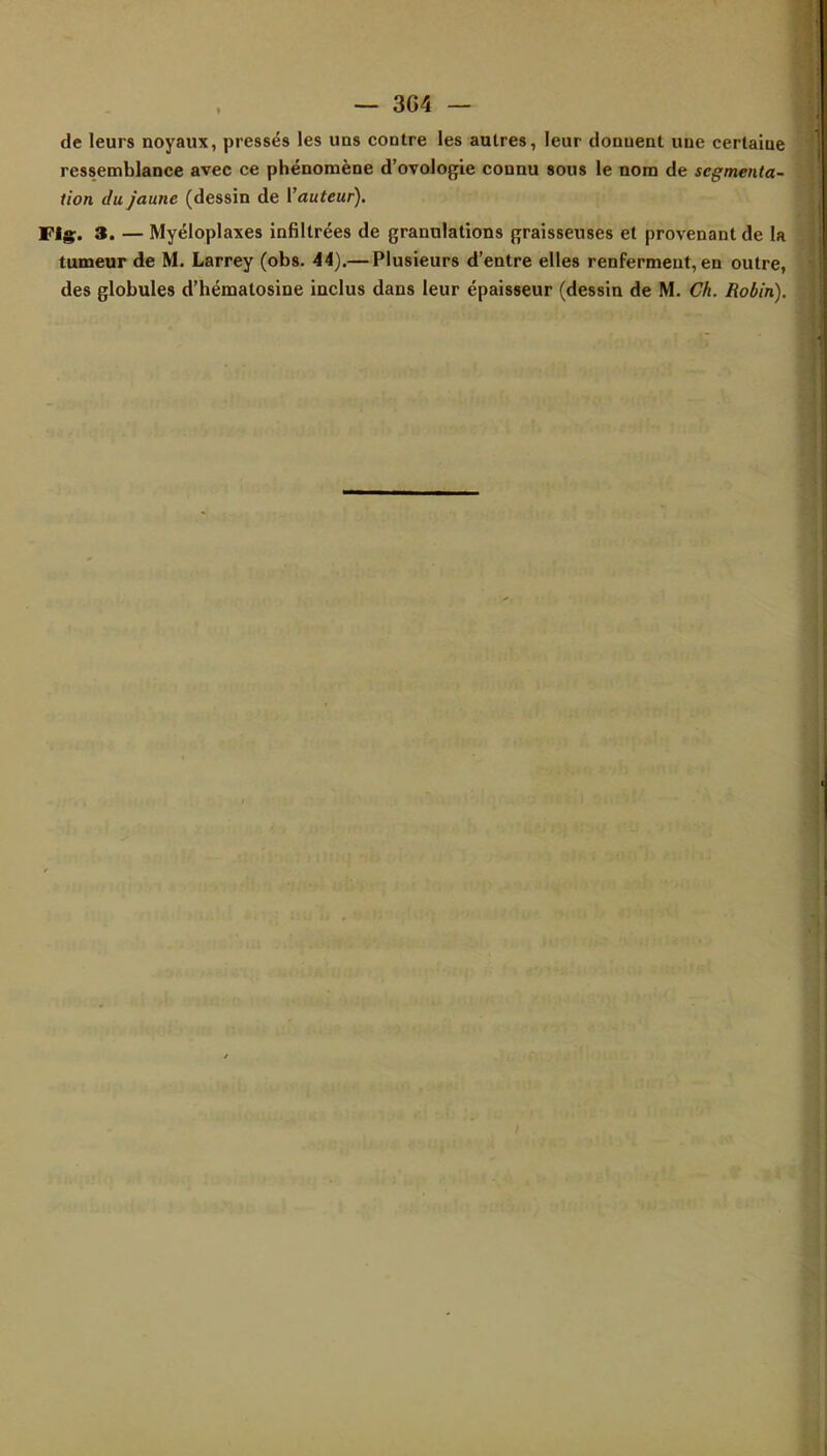 de leurs noyaux, pressés les uns contre les autres, leur donuent uue certaine ressemblance avec ce phénomène d'ovologie connu sous le nom de segmenta- tion du Jaune (dessin de l'auteur). Vig. 3. — Myéloplaxes infiltrées de granulations graisseuses et provenant de la tumeur de M. Larrey (obs. 44).— Plusieurs d'entre elles renferment, en outre, des globules d'hématosine inclus dans leur épaisseur (dessin de M. Ch. Robin).