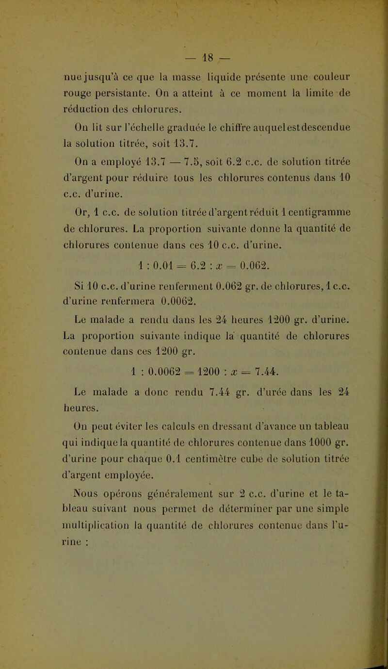 nuo jusqu'à ce que la masse liquide présente une couleur rouge persistante. On a atteint à ce moment la limite de réduction des chlorures. On lit sur l'échelle graduée le chift're auquelcstdescendue la solution titrée, soit 13.7, On a employé 13.7 — 7.5, soit 6.2 ce. de solution titrée d'argent pour réduire tous les chlorures contenus dans 10 ce. d'urine. Or, 1 ce de solution titréed'argentréduit 1 centigramme de chlorures. La proportion suivante donne la quantité de chlorures contenue dans ces 10 ce d'urine. 1: 0.01 = 6.2 : x = 0.062. Si 10 ce. d'urine renferment 0.062 gr. de chlorures, 1 ce. d'urine renfermera 0.0062. Le malade a rendu dans les 24 heures 1200 gr. d'urine, La proportion suivante indique la quantité de chlorures contenue dans ces 1200 gr. 1 : 0.0062 = 1200 : x = 7.44, Le malade a donc rendu 7.44 gr, d'urée dans les 24 heures. On peut éviter les calculs en dressant d'avance un tableau qui indique la quantité de chlorures contenue dans 1000 gr. d'urine pour chaque 0.1 centimètre cube de solution titrée d'argent employée. Nous opérons généralement sur 2 ce d'urine et le ta- bleau suivant nous permet de déterminer par une simple multiplication la quantité de chlorures contenue dans l'u- rine :