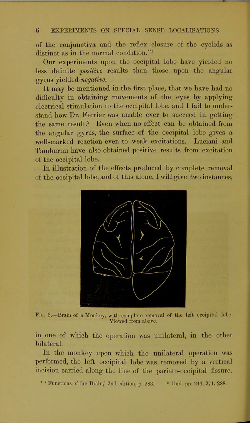 of the conjunctiva and the reflex closure of the eyelids as distinct as in the normal condition.^ Our experiments \ipon the occipital lobe have yielded no less definite positive results than those upon the angular gyrus yielded negative. It may be mentioned in the first place, that we have had no difiiculty in obtaining movements of the eyes by applying electrical stimulation to the occipital lobe, and I fail to under- stand how Dr. Ferrier was unable ever to succeed in getting the same result.'^ Even when no eifect can be obtained from the angular gyrus, the surface of the occipital lobe gives a well-marked reaction even to weak excitations. Luciani and Tamburini have also obtained positive results from excitation of the occipital lobe. In illustration of the effects produced by complete removal of the occipital lobe, and of this alone, I will give two instances, Fig. 2.—Braiu of a Moukey, with complete removal of the left occipital lobe. Viewed from above. in one of which the operation was unilateral, in the other bilateral. In the monkey upon which the unilateral operation was performed, the left occipital lobe was removed by a vertical incision carried along the line of the parieto-occipital fissure. ' ' Funciious of the Brain,' 2ud edition, p. 283. Ibid, pp 244, 271, 288.
