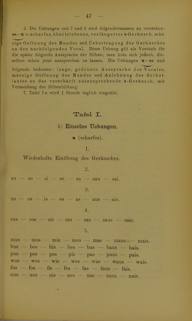 6. Die üebungen sub 7 und 8 sind folgendermassen zu verstehen: SS—u = scharfes, übertriebenes, verlängertes s-Gerausch, mas- sige Oefl'nung des Mundes und Uebertragung des Geräusches an den nachfolgenden Vocal. Diese Uebung gilt als Vorstufe für die später folgende Aussprache der Silben; man hüte sich jedoch, die- selben schon jetzt aussprechen zu lassen. Die Hebungen u—SS und folgende bedeuten: lange, gedehnte Aussprache des Vocales, mässige Oeffnung des Mundes und Anlehnung des Selbst- lautes an das verschärft auszusprechende S-Geräusch, mit Vermeidung der Silbenbildung. 7. Tafel la wird 1 Stande täglich eingeübt. Tafel I. b) Einzelne Uebungen. s (scharfes). 1. Wiederholte Einübung des Geräusches. 2. SU — so — si — se — sa — sau — sai. 3. US — OS — is — es — as — aus — ais. 4. sus — SOS — sis — ses — sas — saus — sais. 5. mus — mos — mis — mes — mas — maus *— mais. bus — bos — bis — bes — bas — baus — bais. pus — pos — pes — pis — pas — paus — pais. wus — wos — wis — wes — was — waus — wais. fus fos — fis — fes — fas — faus — fais. nus — nos — nis — nes — nas — naus — nais.