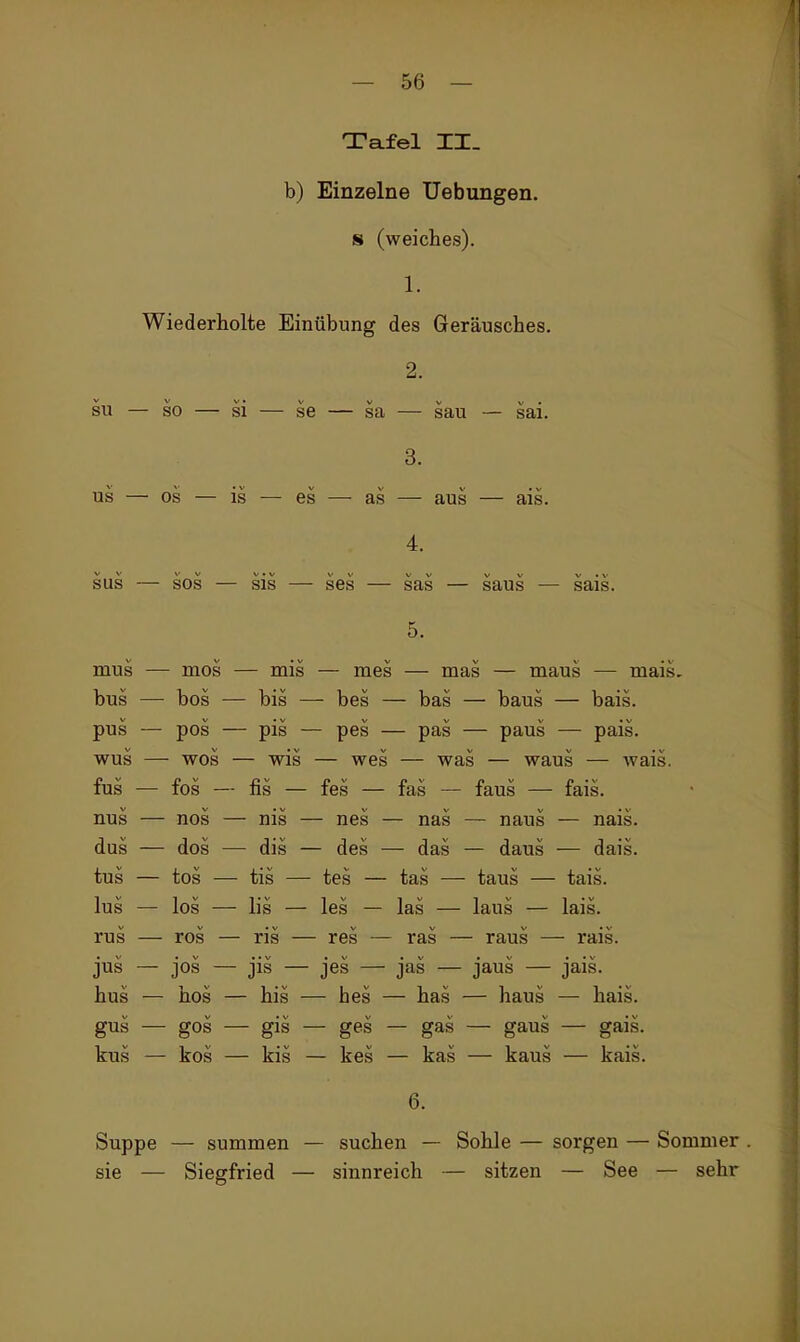 Tafel II. b) Einzelne Uebungen. s (weiches). 1. Wiederholte Einübung des Geräusches. 2. SU — so — si — se — sa — sau — sai. 3. US — OS — is — es — as — aus — ais. 4. sus — SOS — sis — ses — sas — saus — sais. 5. mus — mos — mis — mes — mas — maus — mais, bus — bos — bis — bes — bas — baus — bais. pus — pos — pis — pes — pas — paus — pais. wus — wos — wis — wes — was — waus — wais. fus — fos — fis — fes — fas — faus — fais. nus — nos — nis — nes — nas — naus — nais. dus — dos — dis — des — das — daus — dais. tus — tos — tis — tes — tas — taus — tais. lus — los — Iis — les — las — laus — lais. rus — ros — ris — res — ras — raus — rais. jus — jos — jis — jes — jas — jaus — jais. hus — hos — his — hes — has — haus — hais. gus — gos — gis — ges — gas — gaus — gais. kus — kos — kis — kes — kas — kaus — kais. 6. Suppe — summen — suchen — Sohle — sorgen — Sommer . sie — Siegfried — sinnreich — sitzen — See — sehr