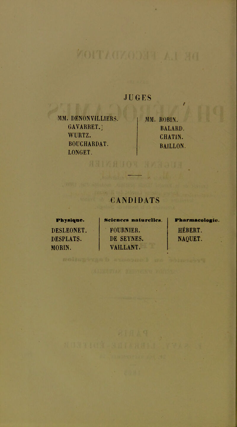 JUGES MM. DENONVILLIERS. MM. ROBIN. GAVARRET.; BALARD. WURTZ. CHATIN. BOUCHARDAT. BAILLON. LONGET. CANDIDATS Physique. Sciences naturelles. Pharmacologie. DESLEONET. FOURNIER. HÉBERT. DESPLATS. DE SEYNES. NAQUET. MORIN. VAILLANT.