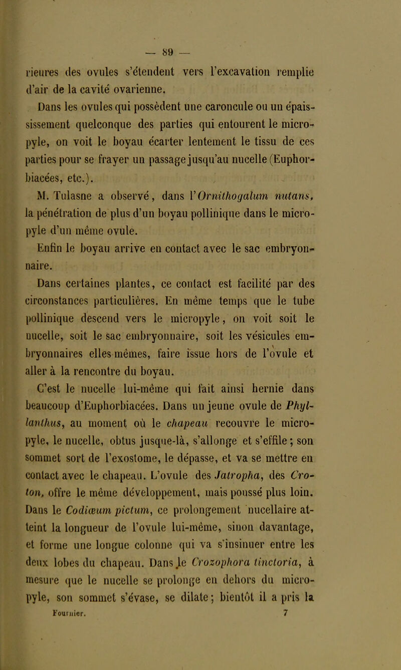 rieures des ovules s'étendent vers l'excavation remplie d'air de la cavité ovarienne. Dans les ovules qui possèdent une caroncule ou un épais- sissement quelconque des parties qui entourent le micro- pyle, on voit le boyau écarter lentement le tissu de ces parties pour se frayer un passage jusqu'au nucelle (Euphor- biacées, etc.). M. Tulasne a observé, dans YOrnithogalum mitant, la pénétration de plus d'un boyau pollinique dans le micro- pyle d'un même ovule. Enfin le boyau arrive en contact avec le sac embryon- naire. Dans certaines plantes, ce contact est facilité par des circonstances particulières. En même temps que le tube pollinique descend vers le micropyle, on voit soit le nucelle, soit le sac embryonnaire, soit les vésicules em- bryonnaires elles mêmes, faire issue hors de l'ovule et aller à la rencontre du boyau. C'est le nucelle lui-même qui fait ainsi hernie dans beaucoup cl'Euphorbiacées. Dans un jeune ovule de Phyl- la»th as, au moment où le chapeau recouvre le micro- pyle, le nucelle, obtus jusque-là, s'allonge et s'effile ; son sommet sort de l'exostome, le dépasse, et va se mettre en contact avec le chapeau. L'ovule àesJatropha, des CYo- tan, offre le même développement, mais poussé plus loin. Dans le Codiœum pictum, ce prolongement nucellaire at- teint la longueur de l'ovule lui-même, sinon davantage, et forme une longue colonne qui va s'insinuer entre les deux lobes du chapeau. Dans .le Crozophora linctoria, à mesure que le nucelle se prolonge en dehors du micro- pyle, son sommet s'évase, se dilate ; bientôt il a pris la Fouriiier. 7