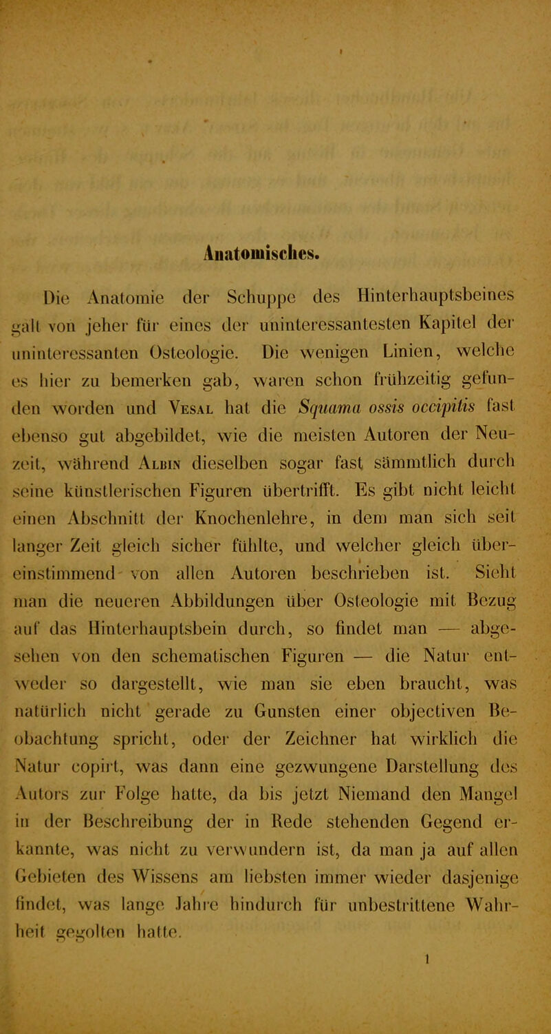 Anatomisches. Die Anatomie der Schuppe des Hinterhauptsbeines galt von jeher für eines der uninteressantesten Kapitel der uninteressanten Osteologie. Die wenigen Linien, welche es hier zu bemerken gab, waren schon frühzeitig gefun- den worden und Vesal hat die Sqiiama ossis occipitis fast ebenso gut abgebildet, wie die meisten Autoren der Neu- zeit, während Albin dieselben sogar fast sämmtlich durch seine künstlerischen Figuren übertrifft. Es gibt nicht leicht einen Abschnitt der Knochenlehre, in dem man sich seit langer Zeit gleich sicher fühlte, und welcher gleich über- einstimmend' %^on allen Autoren beschrieben ist. Sieht man die neueren Abbildungen über Osteologie mit Bezug auf das Hinterhauptsbein durch, so findet man — abge- sehen von den schematischen Figuren — die Natur ent- weder so dargestellt, wie man sie eben braucht, was natürlich nicht gerade zu Gunsten einer objectiven Be- obachtung spricht, oder der Zeichner hat wirklich die Natur copii t, was dann eine gezwungene Darstellung des Autors zur Folge hatte, da bis jetzt Niemand den Mangel in der Beschreibung der in Rede stehenden Gegend er- kannte, was nicht zu verwundern ist, da man ja auf allen Gebieten des Wissens am liebsten immer wieder dasjenige findet, was lange Jahre hindurch für unbestrittene Wahr- heit gegolten hatte.