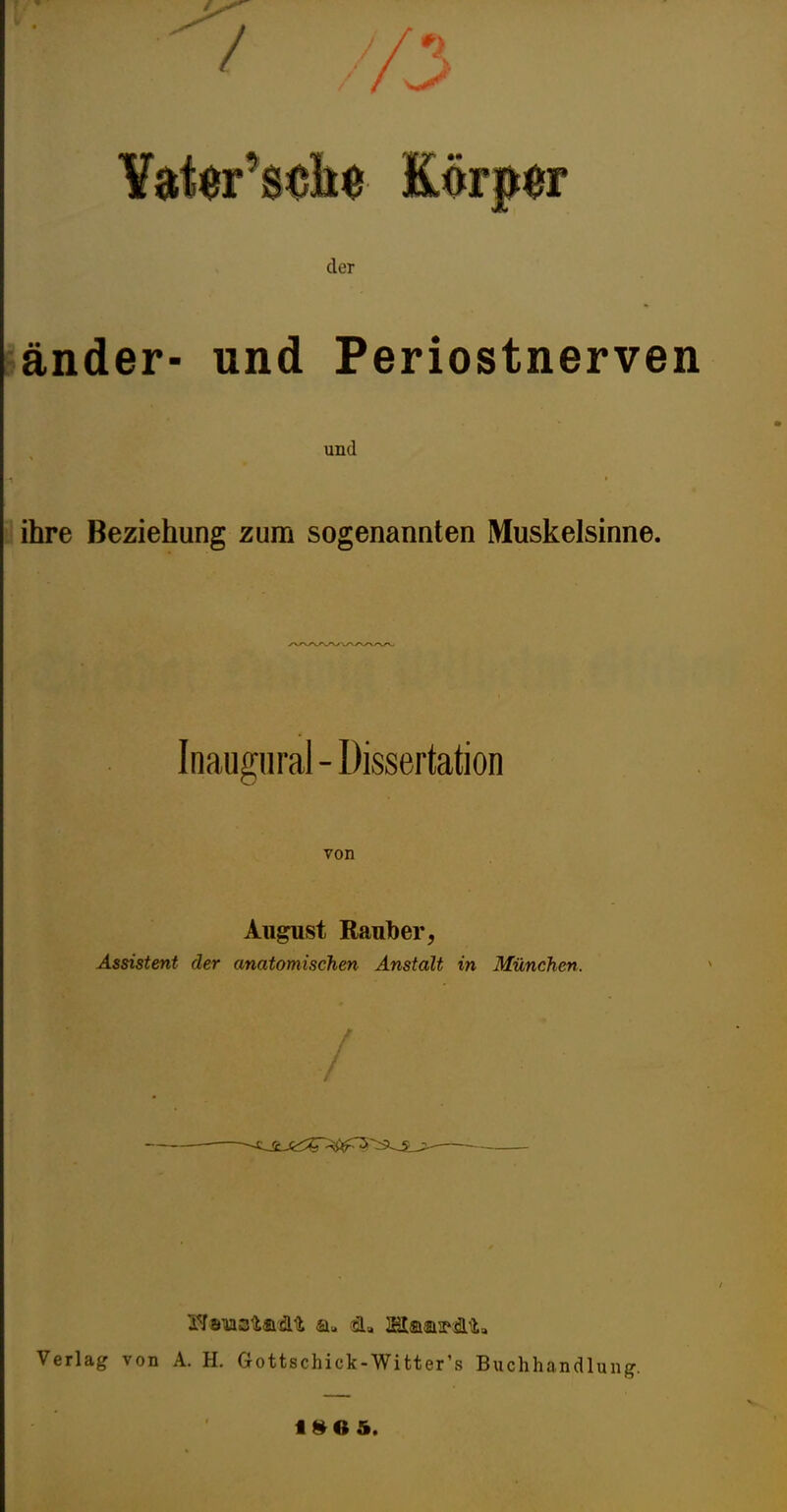 i: / / der iänder- und Periostnerven und u ihre Beziehung zum sogenannten Muskelsinne. Inaugural-Dissertation von August Räuber, Assistent der anatomischen Anstalt in München. a. da SlaaipM, Verlag von A. H. Gottschick-Witter’s Buchhandlung.