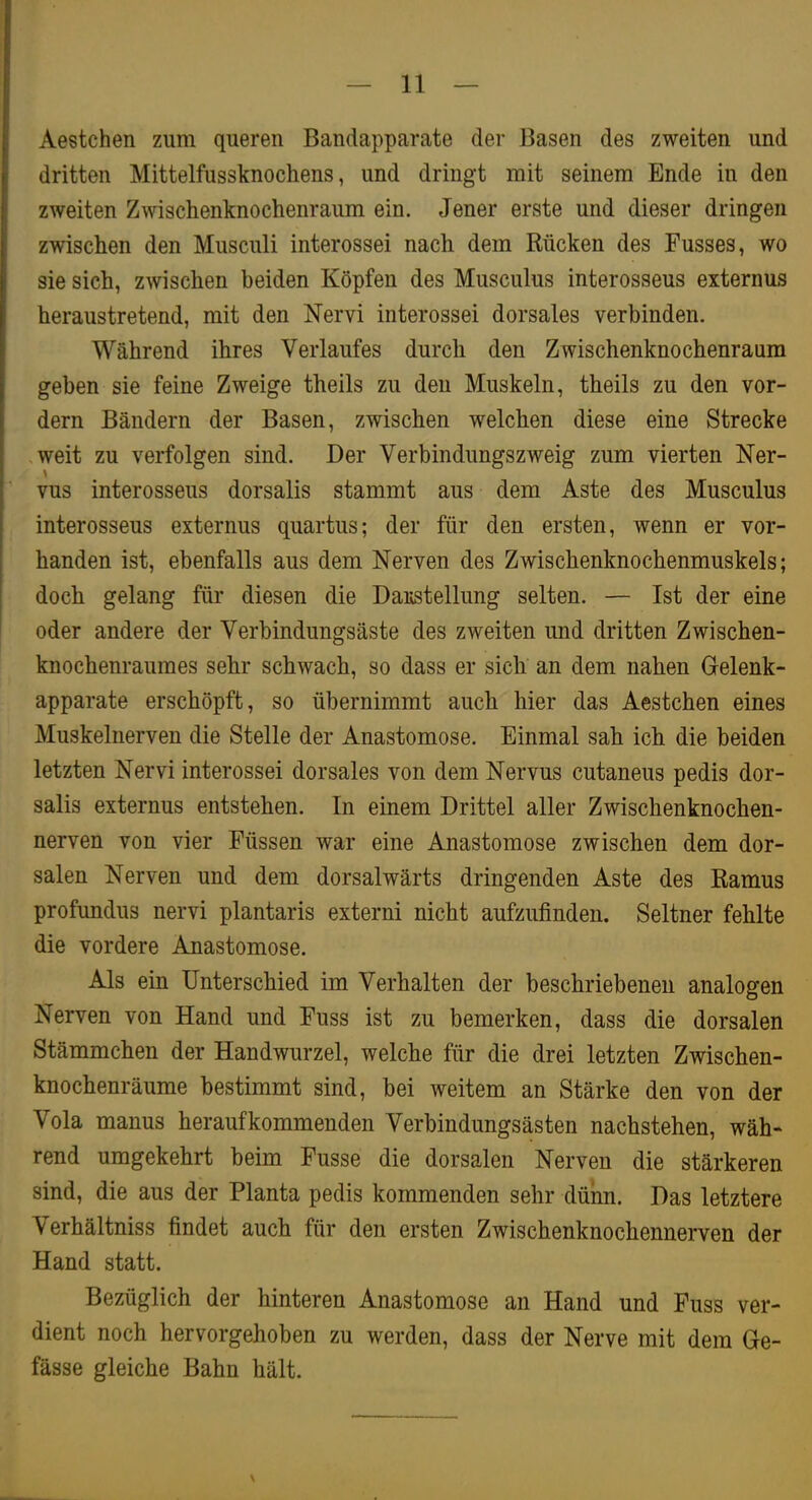 Aestchen zum queren Bandapparate der Basen des zweiten und dritten Mittelfussknochens, und dringt mit seinem Ende in den zweiten Zwischenknochenraum ein. Jener erste und dieser dringen zwischen den Musculi interossei nach dem Rücken des Fusses, wo sie sich, zwischen beiden Köpfen des Musculus interosseus externus heraustretend, mit den Nervi interossei dorsales verbinden. Während ihres Verlaufes durch den Zwischenknochenraum geben sie feine Zweige theils zu den Muskeln, theils zu den vor- dem Bändern der Basen, zwischen welchen diese eine Strecke weit zu verfolgen sind. Der Verbindungszweig zum vierten Ner- vus interosseus dorsalis stammt aus dem Aste des Musculus interosseus externus quartus; der für den ersten, wenn er vor- handen ist, ebenfalls aus dem Nerven des Zwischenknochenmuskels; doch gelang für diesen die DaKstellung selten. — Ist der eine oder andere der Verbindungsäste des zweiten und dritten Zwischen- knochenraumes sehr schwach, so dass er sich an dem nahen Gelenk- apparate erschöpft, so übernimmt auch hier das Aestchen eines Muskelnerven die Stelle der Anastomose. Einmal sah ich die beiden letzten Nervi interossei dorsales von dem Nervus cutaneus pedis dor- salis externus entstehen. In einem Drittel aller Zwischenknochen- nerven von vier Füssen war eine Anastomose zwischen dem dor- salen Nerven und dem dorsalwärts dringenden Aste des Ramus profundus nervi plantaris externi nicht aufzufinden. Seltner fehlte die vordere Anastomose. Als ein Unterschied im Verhalten der beschriebenen analogen Nerven von Hand und Fuss ist zu bemerken, dass die dorsalen Stämmchen der Handwurzel, welche für die drei letzten Zwischen- knochenräume bestimmt sind, bei weitem an Stärke den von der Vola manus herauf kommenden Verbindungsästen nachstehen, wäh- rend umgekehrt beim Fusse die dorsalen Nerven die stärkeren sind, die aus der Planta pedis kommenden sehr dünn. Das letztere Verhältniss findet auch für den ersten Zwischenknochennerven der Hand statt. Bezüglich der hinteren Anastomose an Hand und Fuss ver- dient noch hervorgehoben zu werden, dass der Nerve mit dem Ge- fässe gleiche Bahn hält.