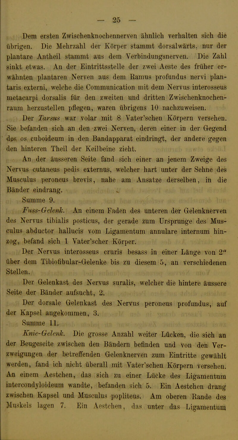 Dem ersten Zwischenknochennerven ähnlich verhalten sich die übrigen. Die Mehrzahl der Körper stammt dorsalwärts. mir der plantare Antheil stammt aus dem Verhindungsnerven. Die Zahl sinkt etwas. An der Eintrittsstelle der zwei Aeste des früher er- I wähnten plantaren Nerven aus dem Kamus profundiis nervi plan- taris externi, welche die Communication mit dem Nervus interosseus I metacarpi dorsalis für den zweiten und dritten Zwischenknochen- raum herzustellen pflegen, waren übrigens 10 nachzuweisen. Der Tarsus war volar mit 8 Vater’schen Körpern versehen. Sie befanden sich an den zwei Nerven, deren einer in der Gegend dßs. OS cuboideum in den Bandapparat eindringt, der andere gegen den hinteren Theil der Keilbeine zieht. An der äusseren Seite fand sich einer an jenem Zweige des Nervus cutaneus pedis externus, welcher hart imter der Sehne des Musculus peroneus brevis, nahe am Ansätze derselben, in die Bänder eindrang. Summe 9. Fass-Gelenk. An einem Faden des unteren der Gelenknerven des Nervus tibialis posticus, der gerade zum Ursprünge des Mus- culus abductor hallucis vom Ligamentum annulare internum hin- zog, befand sich 1 Vater’scher Körper. Der Nervus interosseus cruris besass in einer Länge von über dem Tibiofibular-Gelenke bis zu diesem 5, an verschiedenen Stellen. Der Gelenkast des Nervus suralis, welcher die hintere äussere Seite der Bänder aufsucht, 2. Der dorsale Gelenkast des Nervus peroneus profundus, auf der Kapsel angekommen, 3. Summe 11. Knie-Gelenk. Die grosse Anzahl weiter Lücken, die sich an der Beugeseite zwischen den Bändern befinden und von den Ver- zweigungen der betreffenden Gelenknerven zum Eintritte gewählt I werden, fand ich nicht überall mit Vater’schen Körpern versehen. I An einem Aestchen, das sich zu einer Lücke des Ligamentum intercondyloideum wandte, befanden sich 5. Ein Aestchen drang zwischen Kapsel und Musculus popliteus. Am oberen Bande des