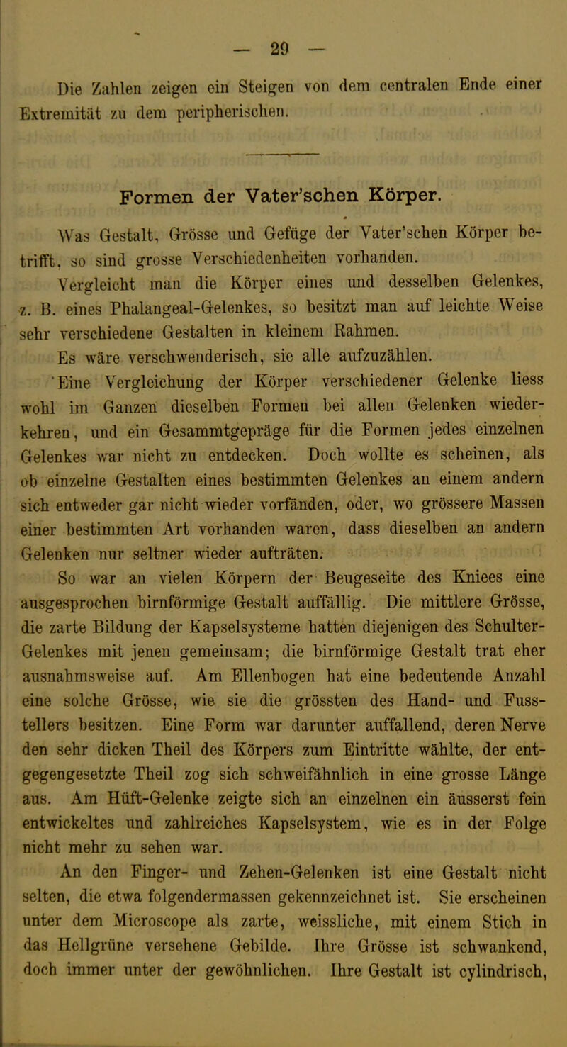 Die Zahlen zeigen ein Steigen von dem centralen Ende einer Extremität zu dem peripherischen. •> Formen der Vater’schen Körper. Was Gestalt, Grösse und Gefüge der Vater’schen Körper be- trifft, so sind grosse Verschiedenheiten vorhanden. Vergleicht man die Körper eines und desselben Gelenkes, z. B. eines Phalangeal-Gelenkes, so besitzt man auf leichte Weise sehr verschiedene Gestalten in kleinem Rahmen. Es wäre verschwenderisch, sie alle aiifzuzählen. ‘Eine Vergleichung der Körper verschiedener Gelenke liess wohl im Ganzen dieselben Formen bei allen Gelenken wieder- kehren, und ein Gesammtgepräge für die Formen jedes einzelnen Gelenkes war nicht zu entdecken. Doch wollte es scheinen, als ob einzelne Gestalten eines bestimmten Gelenkes an einem andern sich entweder gar nicht wieder vorfänden, oder, wo grössere Massen einer bestimmten Art vorhanden waren, dass dieselben an andern Gelenken nur seltner wieder aufträten. So war an vielen Körpern der Beugeseite des Kniees eine ausgesprochen bimförmige Gestalt auffällig. Die mittlere Grösse, die zarte Bildung der Kapselsysteme hatten diejenigen des Schulter- Gelenkes mit jenen gemeinsam; die bimförmige Gestalt trat eher ausnahmsweise auf. Am Ellenbogen hat eine bedeutende Anzahl eine solche Grösse, wie sie die grössten des Hand- und Fuss- tellers besitzen. Eine Form war darunter auffallend, deren Nerve den sehr dicken Theil des Körpers zum Eintritte wählte, der ent- gegengesetzte Theil zog sich schweifähnlich in eine grosse Länge aus. Am Hüft-Gelenke zeigte sich an einzelnen ein äusserst fein entwickeltes und zahlreiches Kapselsystem, wie es in der Folge nicht mehr zu sehen war. An den Finger- und Zehen-Gelenken ist eine Gestalt nicht selten, die etwa folgendermassen gekennzeichnet ist. Sie erscheinen unter dem Microscope als zarte, weissliche, mit einem Stich in das Hellgrüne versehene Gebilde. Ihre Grösse ist schwankend, doch immer unter der gewöhnlichen. Ihre Gestalt ist cylindrisch,