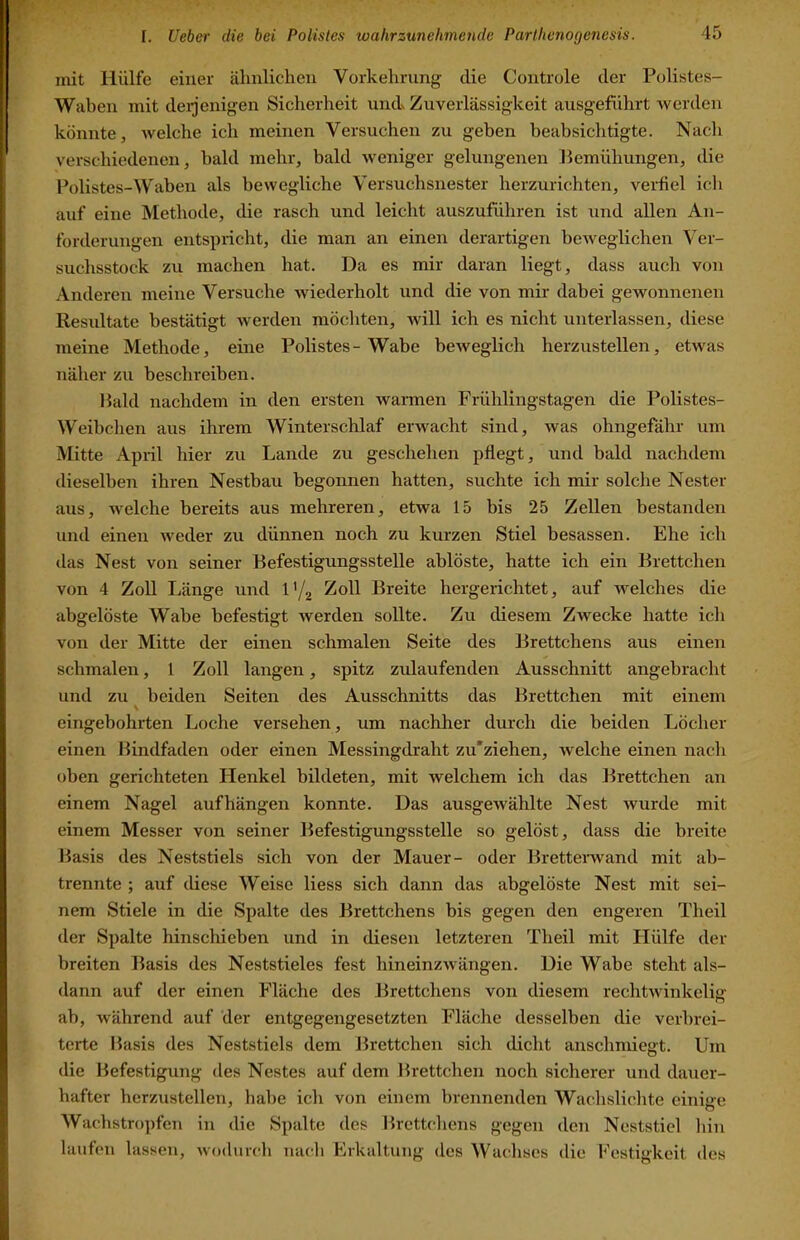 init Hülfe einer ähnlichen Vorkehrung die Controle der Polistes- Waben mit deq’enigen Sicherheit undv Zuverlässigkeit ausgeführt werden könnte, welche ich meinen Versuchen zu geben beabsichtigte. Nach verschiedenen, bald mehr, bald weniger gelungenen Uemühungen, die Polistes-Waben als bewegliche Versuchsnester herzurichten, verfiel ich auf eine Methode, die rasch und leicht auszuführen ist und allen An- forderungen entspricht, die man an einen derartigen beAveglichen Ver- suchsstock zu machen hat. Da es mir daran liegt, dass auch von Anderen meine Versuche wiederholt und die von mir dabei gewonnenen Resultate bestätigt werden möcliten, Avill ich es nicht unterlassen, diese meine Methode, eine Polistes-Wabe bcAveglich herzustellen, etwas näher zu beschreiben. Haid nachdem in den ersten warmen Frühlingstagen die Polistes- Weibchen aus ihrem Winterschlaf erwacht sind, was ohngefähr um Mitte April hier zu Lande zu geschehen pflegt, und bald nachdem dieselben ihren Nestbau begonnen hatten, suchte ich mir solche Nester aus, welche bereits aus mehreren, etwa 15 bis 25 Zellen bestanden und einen Aveder zu dünnen noch zu kurzen Stiel besassen. Ehe ich das Nest von seiner Befestigungsstelle ablöste, hatte ich ein Brettchen von 4 Zoll Länge und l'/g Zoll Breite hergerichtet, auf Avelches die abgelöste Wabe befestigt Averden sollte. Zu diesem Zwecke hatte ich von der Mitte der einen schmalen Seite des Brettchens aus einen schmalen, 1 Zoll langen, spitz zulaufenden Ausschnitt angebracht und zu beiden Seiten des Ausschnitts das Brettchen mit einem V eingebohrten Loche versehen, um nachher durch die beiden Löcher einen Bindfaden oder einen Messingdraht zu'ziehen, Avelche einen nach oben gerichteten Henkel bildeten, mit welchem ich das Brettchen an einem Nagel auf hängen konnte. Das ausgewählte Nest Avurde mit einem Messer von seiner Befestigungsstelle so gelöst, dass die breite Basis des Neststiels sich von der Mauer- oder Bretteiwand mit ab- trennte ; auf diese Weise Hess sich dann das abgelöste Nest mit sei- nem Stiele in die Spalte des Brettchens bis gegen den engeren Theil der Spalte hinschieben und in diesen letzteren Theil mit Hülfe der breiten Basis des Neststieles fest hineinzAvängen. Die Wabe steht als- dann auf der einen Fläche des Brettchens von diesem rechtAvinkelig ab, während auf der entgegengesetzten Fläche desselben die verbrei- terte Basis des Neststiels dem Brettchen sich dicht anschmiegt. Um die Befestigung des Nestes auf dem Brettchen noch sicherer und dauer- hafter herzustellen, habe ich von einem brennenden Wachslichte einige Wachstropfen in die Spalte des Brettcliens gegen den Neststiel hin laufen lassen, Avodurch nach Erkaltung des Wachses die Festigkeit des