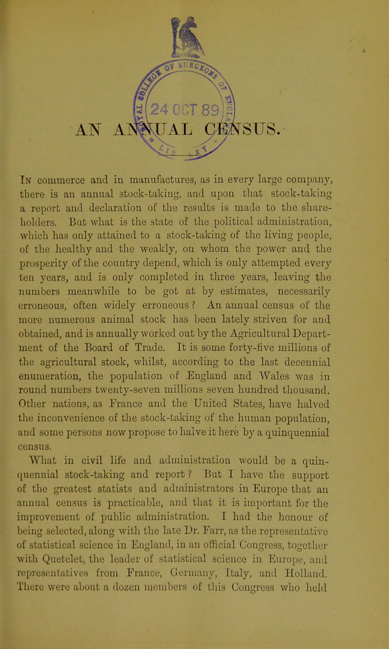 In commerce and in manufactures, as in every large company, there is an annual stock-taking, and upon that stock-taking a report and declaration of the results is made to the share- holders. But what is the state of the political administration, which has only attained to a stock-taking of the living people, of the healthy and the weakly, on whom the power and the prosperity of the country depend, which is only attempted every ten yearSj and is only completed in three years, leaving the numbers meanwhile to be got at by estimates, necessarily erroneous, often widely erroneous ? An annual census of the more numerous animal stock has been lately striven for and obtained, and is annually worked out by the Agricultural Depart- ment of the Board of Trade. It is some forty-five millions of the agricultural stock, whilst, according to the last decennial enumeration, the population of England and Wales was in round numbers twenty-seven millions seven hundred thousand. Other nations, as France and the United States, have halved the inconvenience of the stock-taking of the human population, and some persons now propose to halve it here by a quinquennial census. What in civil life and administration would be a quin- quennial stock-taking and report ? But I have the support of the greatest statists and administrators in Europe that an annual census is practicable, and that it is ini^^ortant for the improvement of public administration. I had the honour of being selected, along with the late Ur. Farr, as the representative of statistical science in England, in an official Congress, together with Quetelet, the leader of statistical science in Europe, and representatives from France, Germany, Italy, and Holland. There were about a dozen members of this Congress who held
