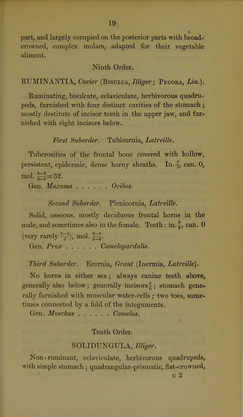 ♦ part, and largely occupied on the posterior parts with broad- crownedj complex molars^ adapted for their vegetable aliment. Ninth Order. RUMINANTIA, Cuvier {Bisvlca, Illiger; Pecora, lAn.). Ruminating, bisulcate, eclaviculatCj herbivorous quadru- peds, furnished with four distinct cavities of the stomach; mostly destitute of incisor teeth in the upper jaw, and fur- nished with eight incisors below. First Suborder. Tubicornia, Latreille. Tuberosities of the frontal bone covered with hoUow, persistent, epidermic, dense horny sheaths. In.-5, can. 0, 6—6, 6—6 Gen. Mazama Ovibos. mol. ^=32. Second Suborder. Plenicornia, Latreille. Solid, osseous, mostly deciduous frontal horns in the male, and sometimes also in the female. Teeth: in,|, can. 0 (very rarely i=-^), mol. ^J. Gen. Prox Camelopardalis. Third Suborder. Ecomia, Ch'ant (Inermia, Latreille). No horns in either sex j always canine teeth above, generally also below; generally incisors |; stomach gene- rally furnished with muscular water-cells ; two toes, some- times connected by a fold of the integuments. Gen. Moschus ...... Camelus. Tenth Order. SOLIDUNGULA, /%er. Non-ruminant, cclaviculate, herbivorous quadrupeds, with simple stomach j; quadi-angular-prismatic, flat-crowned, c 2
