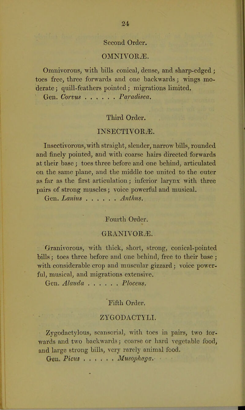 Second Order. OMNIVORiE. Omnivorous^ v/ith. bills conical^ dense^ and sharp-edged; toes free, three forwards and one backwards; wings mo- derate ; quill-featliers pointed; migrations limited. Gen. Corvus Paradisea. Third Order. INSECTIVOR^. InsectivoronSjwith straight, slender, narrow bills, rounded and finely pointed, and with coarse haii's du'ected forwards at their base ; toes three before and one behind, articulated on the same plane, and the middle toe united to the outer as far as the first articulation; inferior larjnax with thi'ee pairs of strong muscles; voice powerful and musical. Gen. Lanius Anthu$. Fourth Order. GRANIVORJU. Granivorous, with thick, short, strong, conical-pointed bills; toes three before and one behind, free to their base; with considerable crop and muscular gizzard; voice power- ful, musical, and migi'ations extensive. Gen. Ahmda Ploceits. 'Fifth Order. ZYGODACTYLI. Zj'godactylous, scaiisorial, with toes in pairs, tAvo tor- wards and two backwards; coarse or hard vegetable food, and large strong bills, very rarely animal food. Gen. Piws Mtmjihaga,