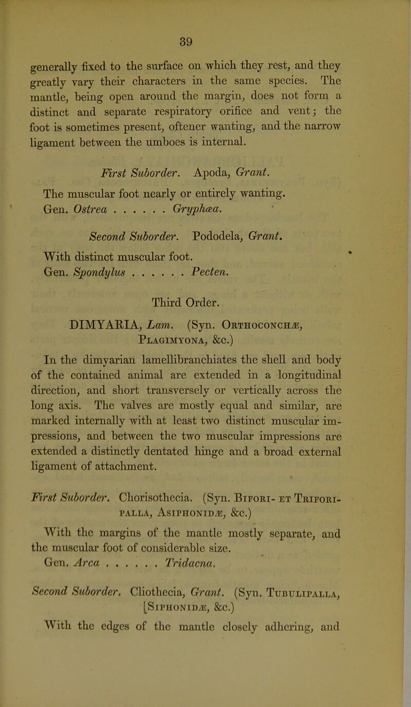 generally fixed to the sui'face on whicli they rest, and they greatly vary theii* characters in the same species. The mantle, being open around the margin, does not form a distinct and separate respiratory orifice and vent; the foot is sometimes present, oftener wanting, and the narrow ligament between the umboes is internal. First Suborder. Apoda, Grant. The muscular foot nearly or entirely wanting. Gen. Ostrea Ch-yphaa. Second Subo7-der. Pododela, Grant. With distinct muscular foot. Gen. Spondylus Pecten. Third Order. DIMYARIA, Lam. (Syn. ORTHocoNCHiE, PliAGIMYONA, &C.) In the dimyarian lamellibranchiates the shell and body of the contained animal are extended in a longitudinal direction, and short transversely or vertically across the long axis. The valves are mostly equal and similar, ai'e marked internally with at least two distinct muscular im- pressions, and between the two muscular impressions are extended a distinctly dentated hinge and a broad external ligament of attachment. First Suborder. Chorisothecia. (Syn. Bifori- et Trifori- PALLA, AsiPHONIDiE, &C.) With the margins of the mantle mostly separate, and the muscular foot of considerable size. Gen. Area Tridacna. Second Suborder. Cliothecia, Grant. (Syn. Tubulipalla, [SiPHONIDiE, &c.) With the edges of the mantle closely adhering, and