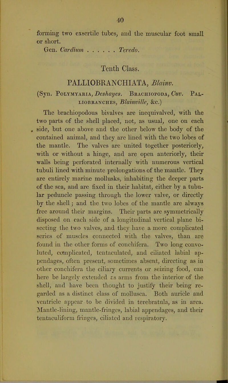 forming two exsertile tubes^ and the muscular foot small or short. Gen. Cardium Teredo. Tenth Class, PALLIOBRANCHIATA, mdnv. (Syn. PoLYMYAEiA, Deshoyes. Bhachiopoda, Cuv. Pal- LioBRANCHEs, Blamville, &c.) The bracliiopodous bivalves are inequivalvedj with the two parts of the shell placed, not, as usual, one on each , side, bvit one above and the other below the body of the contained animal, and they are lined with the two lobes of the mantle. The valves are united together posteriorly, with or without a hinge, and ai'e open anteriorly, their walls being perforated internally with numerous vertical tubuli lined M'ith minute prolongations of the mantle. They are entirely marine mollusks, inliabiting the deeper parts of the sea, and are fixed in their habitat, either by a tubu- lar peduncle passing through the lower valve, or directly by the shell; and the two lobes of the mantle are always free around their margins. Their parts are symmetrically disposed on each side of a longitudinal vertical plane bi- secting the two valves, and they have a more complicated series of muscles connected with the valves, than ai'e found in the other forms of conchifera. Two long convo- luted, complicated, tentaculated, and ciliated labial ap- pendages, often present, sometimes absent, directing as in other conchifera the ciliary currents or seizing food, can here be largely extended r.s arms from the interior of the shell, and have been thought to justify their being re- garded as a distinct class of mollusca. Both aui'icle and ventricle appear to be divided in terebratnla, as in area. Maiitle-liniug, mantle-fringes, labial appendages, and their tentaculiform fringes, ciliated and respiratory.