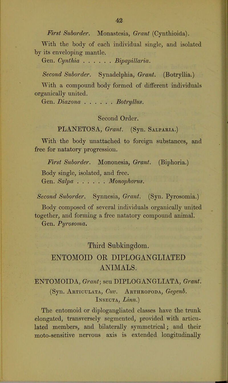 Mrst Suborder. Monastesia^ Grant (Cynthioida). Witli the body of each, individual singlej and isolated by its enveloping mantle. Gen. Cynthia Bipapillaria. Second Suborder. Synadelphia, Grant. (BotryUia.) With a compound body formed of diflferent individuals organically united. Gen. Diazona Botryllus. Second Order. PLANETOSA, Grant. (Syn. Salparia.) With the body unattached to foreign substances, and free for natatory progression. First Suborder. Mononesia, Grant. (Biphoria.) Body single, isolated, and free. Gen. Salpa Monophorus. Second Suborder. Synnesia, Grant. (Syn. Pyrosomia.) Body composed of several individuals organically united together, and forming a free natatory compouad animal. Gen. Pyrosoma. Third Subkingdom, ENTOMOID OR DIPLOGANGLIATED ANIMALS. ENTOMOID A, Grant; seu DIPLOGANGLIATA, Orant. (Syn. Articulata, Guv. Arthropoda, Gegenb. Insecta, Linn.) The entomoid or diplogangliated classes have the trunk elongated, transversely segmented, provided with articu- lated members, and bilaterally symmetrical; and their moto-sensitive nervous axis is extended longitudinally