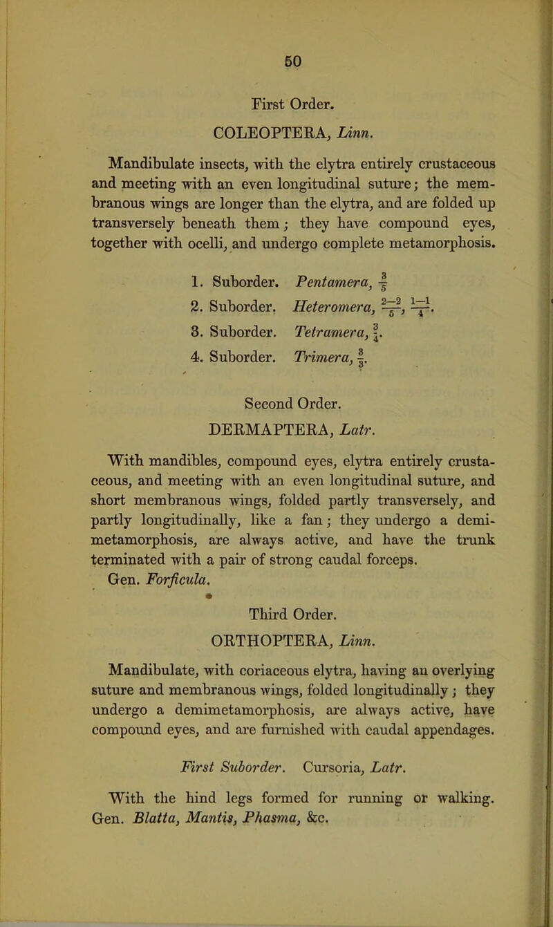 60 First Order. COLEOPTEEA, Linn. Mandibulate insects, with the elytra entirely crustaceous and meeting with an even longitudinal suture; the mem- branous wings are longer than the elytra, and are folded up transversely beneath them; they have compound eyes, together with oceUi, and undergo complete metamorphosis. 1. Suborder. Pentamera, 2. Suborder. Heteromera, 3. Suborder. Tetramera, \. 4. Suborder. Trimera, |. Second Order. DEEMAPTERA, Latr. With mandibles, compound eyes, elytra entirely crusta- ceous, and meeting with an even longitudinal suture, and short membranous wings, folded partly transversely, and partly longitudinally, like a fan; they undergo a demi- metamorphosis, are always active, and have the trunk terminated with a pair of strong caudal forceps. Gen. Forficula. Third Order. ORTHOPTERA, Linn. Mandibulate, with coriaceous elytra, having an overlying suture and membranous wings, folded longitudinally ; they undergo a demimetamorphosis, are always active, have compound eyes, and are furnished with caudal appendages. First Suborder. Cursoria, Latr. With the hind legs formed for running or walking. Gen. Blatta, Mantis, Phasma, &c.