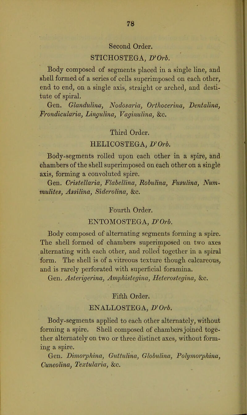 Second Order. STICHOSTEGA, lyOrb. Body composed of segments placed in a single line, and shell formed of a series of ceUs superimposed on each other, end to end, on a single axis, straight or arched, and desti- tute of spiral. Gen. Glandulina, Nodosaria, Orthocerina, Dentalina, Frondicularia, LAngulina, Vaginulina, &c. Third Order. HELICOSTEGA, D'Orb. Body-segments rolled upon each other in a spire, and chambers of the shell superimposed on each other on a single axis, forming a convoluted spire. Gen. Cristellaria, Flabellina, Robulina, Fusulina, Num- mulites, Assilina, Siderolina, &c. Fourth Order. ENTOMOSTEGA, D'Orb. Body composed of alternating segments forming a spire. The shell formed of chambers superimposed on two axes alternating with each other, and roUed together in a spiral form. The shell is of a vitreous texture though calcareous, and is rarely perforated with superficial foramina. Gen. Asterigerina, AmpMstegina, Heterostegina, &c. Fifth Order. ENALLOSTEGA, ZHOri. Body-segments applied to each other alternately, without forming a spire. Shell composed of chambers joined toge- ther alternately on two or three distinct axes, without form- ing a spire. Gen. Divior2)hina, Guthilina, Globulina, Polymorphina, CuneolinOj Tewtularia, &c.