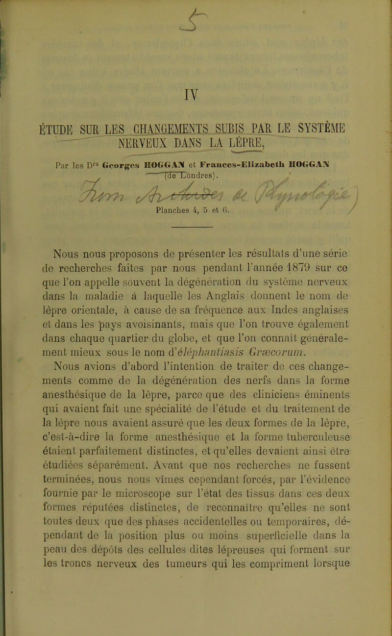 lY ÉTUDE SUR LES GHANffllENTS SUBIS PAR LE SYSTÈME ' NERVEUX DANS LA LÈPRE, ''^ Par les D'^ Georges HOGGAW et Frauces-Elizabeth HOGGAI\ (cTêTCondres) Planches 4, 5 et 6. Nous nous proposons de présenter les résultats d'une série de recherches faites par nous pendant l'année 1879 sur ce que l'on appelle souvent la dégénération du système nerveux dans la maladie à laquelle les Anglais donnent le nom de lèpre orientale, à cause de sa fréquence aux Indes anglaises et dans les pays avoisinants, mais que l'on trouve également dans chaque quartier du globe, et que l'on connaît générale- ment mieux sous le nom d'éléphantiasis Grsecorum. Nous avions d'abord l'intention de traiter de ces change- ments comme de la dégénération des nerfs dans la forme anesthésique de la lèpre, parce que des cliniciens éminents qui avaient fait une spécialité de l'étude et du traitement de la lèpre nous avaient assuré que les deux formes de la lèpre, c'est-à-dire la forme anesthésique et la forme tuberculeuse étaient parfaitement distinctes, et qu'elles devaient ainsi être étudiées séparément. Avant que nos recherches ne fussent terminées, nous nous vîmes cependant forcés, par l'évidence fournie par le microscope sur l'état des tissus dans ces deux formes réputées distinctes, de reconnaître qu'elles ne sont toutes deux que des phases accidentelles ou temporaires, dé- pendant de la position plus ou moins superlicielle dans la peau.des dépôts des cellules dites lépreuses qui forment sur les troncs nerveux des tumeurs qui les compriment lorsque