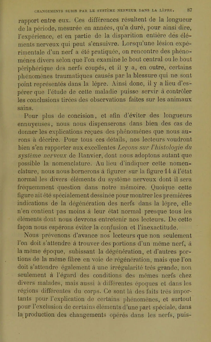 rapport entre eux. Ces différences résultent de la longueur de la période, mesurée en années, qu'a duré, pour ainsi dire, l'expérience, et en partie de la disparition entière des élé- ments nerveux qui peut s'ensuivre. Lorsqu'une lésion expé- rimentale d'un nerf a été pratiquée, on rencontre des phéno- mènes divers selon que l'on examine le bout central ou le bout périphérique des nerfs coupés, et il y a, en outre, certains phénomènes traumatiques causés par la blessure qui ne sont point représentés dans la lèpre. Ainsi donc, il y a lieu d'es- pérer que l'étude de cette maladie puisse servir à contrôler les conclusions tirées des observations faites sur les animaux sains. Pour plus de concision, et afm d'éviter des longueurs ennuyeuses, nous nous dispenserons dans bien des cas de donner les explications reçues des phénomènes que nous au- rons à décrire. Pour tous ces détails, nos lecteurs voudront bien s'en rapporter aux excellentes Leçons sur l'histologie du système nerveux de Ranvier, dont nous adoptons autant que possible la nomenclature. Au lieu d'indiquer cette nomen- clature, nous nous bornerons à figurer sur la figure 14 à l'état normal les divers éléments du système nerveux dont il sera fréquemment question dans notre mémoire. Quoique cette figure ait été spécialement dessinée pour montrer les premières indications de la dégénéralion des nerfs dans la lèpre, elle n'en contient pas moins à leur état normal presque tous les éléments dont nous devrons entretenir nos lecteurs. De cette façon nous espérons éviter la confusion et l'inexactitude. Nous prévenons d'avance nos lecteurs que non seulement l'on doit s'attendre à trouver des portions d'un même nerf, à la même époque, subissant la dégénération, et d'autres por- tions de la même fibre en voie de régénération, mais que l'on doit s'attendre également à une irrégularité très grande, non seulement à l'égard des conditions des mêmes nerfs chez divers malades, mais aussi à différentes époques et dans les régions différentes du corps. Ce sont là des faits très impor- tants pour l'explication de certains phénomènes, et surtout pour l'exclusion de certains éléments d'une part spéciale, dans la production des changements opérés dans les nerfs, puis-