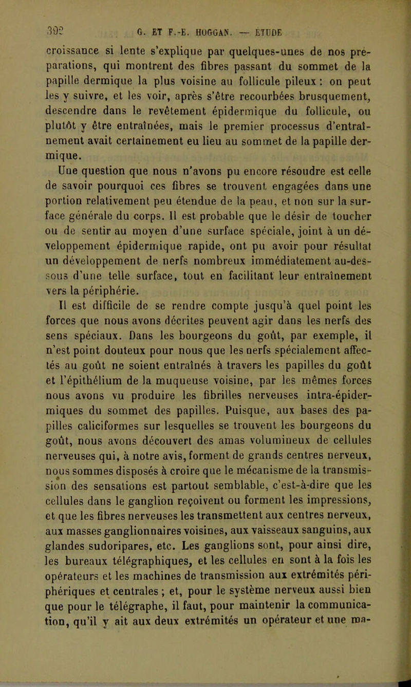 croissance si lente s'explique par quelques-unes de nos pré- parations, qui montrent des fibres passant du sommet de la papille dermique la plus voisine au follicule pileux : on peut les y suivre, et les voir, après s'être recourbées brusquement, descendre dans le revêtement épidermique du follicule, ou plutôt y être entraînées, mais le premier processus d'entraî- nement avait certainement eu lieu au sommet de la papille der- mique. Uue question que nous n'avons pu encore résoudre est celle de savoir pourquoi ces fibres se trouvent engagées dans une portion relativement peu étendue de la peau, et non sur la sur- face générale du corps. Il est probable que le désir de toucher ou de sentir au moyen d'une surface spéciale, joint à un dé- veloppement épidermique rapide, ont pu avoir pour résultat un développement de nerfs nombreux immédiatement au-des- sous d'une telle surface, tout en facilitant leur entraînement vers la périphérie. Il est difficile de se rendre compte jusqu'à quel point les forces que nous avons décrites peuvent agir dans les nerfs des sens spéciaux. Dans les bourgeons du goût, par exemple, il n'est point douteux pour nous que les nerfs spécialement afiec- lés au goût ne soient entraînés à travers les papilles du goût et l'épithélium de la muqueuse voisine, par les mêmes forces nous avons vu produire les fibrilles nerveuses intra-épider- miques du sommet des papilles. Puisque, aux bases des pa- pilles caliciformes sur lesquelles se trouvent les bourgeons du goût, nous avons découvert des amas volumineux de cellules nerveuses qui, à notre avis, forment de grands centres nerveux, nous sommes disposés à croire que le mécanisme de la transmis- sion des sensations est partout semblable, c'est-à-dire que les cellules dans le ganglion reçoivent ou forment les impressions, et que les fibres nerveuses les transmettent aux centres nerveux, aux masses ganglionnaires voisines, aux vaisseaux sanguins, aux glandes sudoripares, etc. Les ganglions sont, pour ainsi dire, les bureaux télégraphiques, et les cellules en sont à la fois les opérateurs et les machines de transmission aux extrémités péri- phériques et centrales ; et, pour le système nerveux aussi bien que pour le télégraphe, il faut, pour maintenir la communica- tion, qu'il y ait aux deux extrémités un opérateur et une ma-