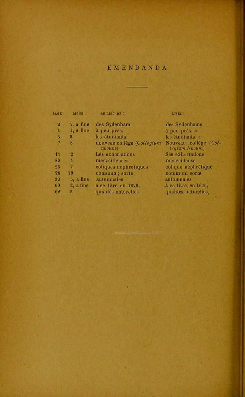 J î i f. E M E N D A N D A / ■i A PAGE LIGNE AU LIEU JDE : LISEZ : 2 1, a Bue des Sydenham des Sydenhams 4 a due à peu près. à peu prés. » 5 3 les étudiants. les étudiants. » 7 8 uouveau collège {Collegium Nouveau collège [Col- nouum) lifgiurn Sovum) 11 2 Les exborialions Ses exhortations 20 4 merveilleuses merveilleuse 25 7 coliques néphrétiques colique néphrétique 28 10 commun ; sorte commuui sorte 32 5, a ûue autumuales automnales 60 2, a fine a ce titre en 1670, à ce titre, en 1670,