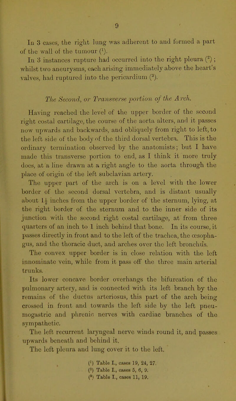 111 3 cases, the right luug was adherent to and formed a part of the wall of the tumour ('). In 3 instances rupture had occurred into the right pleura (^); whilst two aneurysms, each arising immediately above the heart's valves, had ruptured into the pericardium (^). The Second, or Transverse portion of the Arch. Having reached the level of the upper border of the second right costal cartilage, the course of the aorta alters, and it passes now upwards and backwards, and obliquely from right to left, to the left side of the body of the third dorsal vertebra. This is the ordinary termination observed by the anatomists; but I have made this transverse portion to end, as I think it more truly does, at a line drawn at a right angle to the aorta through the place of origin of the left subclavian artery. The upper part of the arch is on a level with the lower border of the second dorsal vertebra, and is distant usually about inches from the upper border of the sternum, lying, at the right border of the sternum and to the inner side of its junction with the second right costal cartilage, at from three quarters of an inch to 1 inch behind that bone. In its course, it passes directly in front and to the left of the trachea, the oesopha- gus, and the thoracic duct, and arches over the left bronchus. The convex upper border is in close relation with the left innominate vein, while from it pass off the three main arterial trunks. Its lower concave border overhangs the bifurcation of the pulmonary artery, and is connected with its left branch by the remains of the ductus arteriosus, this part of the arch being crossed in front and towards the left side by the left pneu- mogastric and phrenic, nerves with cardiac branches of the sympathetic. The left recurrent laryngeal nerve winds round it, and passes upwards beneath and behind it. The left pleura and luug cover it to the left. (M Table I., cases 19, 24, 27. {^) Table I., caaes 5, 6, 9.