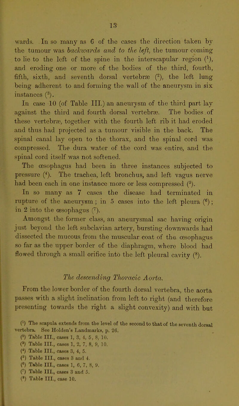 wards. In so many as C of the cases the direction taken by the tumour was hachwards and to the left, the tumour coming to he to the left of the spine in the interscapidar region (^), and eroding one or more of the bodies of the third, fourth, fifth, sixth, and seventh dorsal vertebrae (^), the left lung being adherent to and forming the wall of the aneurysm in six instances (^). In case 10 (of Table III.) an aneurysm of the third part lay against the third and fourth dorsal vertebrae. The bodies , of these vertebrae, together with the fourth left rib it had eroded and thus had projected as a tumour visible in the back. The spinal canal lay open to the thorax, and the spinal cord was compressed. The dura water of the cord was entire, and the spinal cord itself was not softened. The oesophagus had been in three instances subjected to pressure (^). The trachea, left bronchus, and left vagus nerve had been each in one instance more or less compressed (^). In so many as 7 cases the disease had terminated in rupture of the aneurysm ; in 5 cases into the left pleura (^); in 2 into the oesophagus C). Amongst the former class, an aneurysmal sac having origin just beyond the left subclavian artery, bursting downwards had dissected the mucous, from the muscular coat of the oesophagus so far as the upper border of the diaphragm, where blood had flowed through a small orifice into the left pleural cavity (^). The descending Thoracic Aorta. From the lower border of the fourth dorsal vertebra, the aorta passes with a slight inclination from left to right (and therefore presenting towards the right a slight convexity) and with but (') The scapula extends from tlie level of the second to that of the seventh dorsal vertebra. See Holden's Landmarks, p. 26. (') Table III., cases 1, 3, 4, 5, 8, 10. (3) Table III., cases 1, 2, 7, 8, 9, 10. (*) Table III., cases 3, 4, 5. C) Table III., cases 3 and 4. («) Table III., cases 1, 6, 7, S, 9. (') Table III., cases 3 and 5.