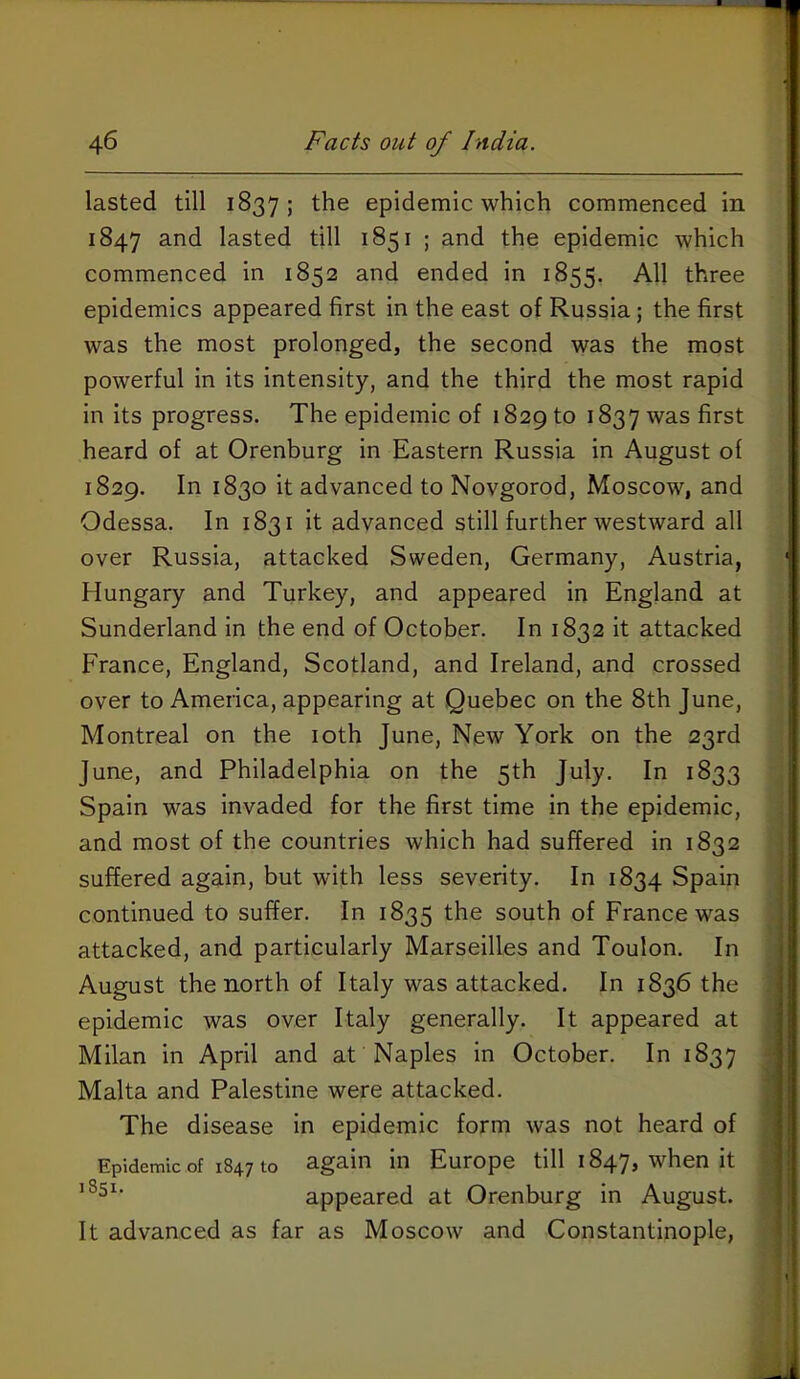 lasted till 1837; the epidemic which commenced in 1847 and lasted till 1851 ; and the epidemic which commenced in 1852 and ended in 1855, All three epidemics appeared first in the east of Russia; the first was the most prolonged, the second was the most powerful in its intensity, and the third the most rapid in its progress. The epidemic of 1829 to 1837 was ^^^^t heard of at Orenburg in Eastern Russia in August of 1829. In 1830 it advanced to Novgorod, Moscow, and Odessa. In 1831 it advanced still further westward all over Russia, attacked Sweden, Germany, Austria, Hungary and Turkey, and appeared in England at Sunderland in the end of October. In 1832 it attacked France, England, Scotland, and Ireland, and crossed over to America, appearing at Quebec on the 8th June, Montreal on the loth June, New York on the 23rd June, and Philadelphia on the 5th July. In 1833 Spain was invaded for the first time in the epidemic, and most of the countries which had suffered in 1832 suffered again, but with less severity. In 1834 Spain continued to suffer. In 1835 the south of France was attacked, and particularly Marseilles and Toulon. In August the north of Italy was attacked. In 1836 the epidemic was over Italy generally. It appeared at Milan in April and at Naples in October. In 1837 Malta and Palestine were attacked. The disease in epidemic form was not heard of Epidemic of 1847 to again in Europe till 1847, when it appeared at Orenburg in August. It advanced as far as Moscow and Constantinople,