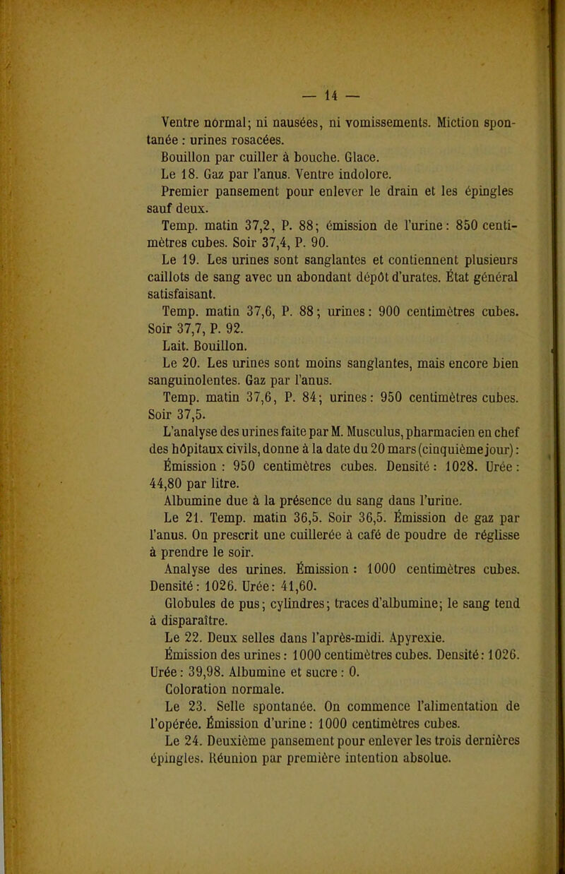 Ventre nôrmal; ni nausées, ni vomissements. Miction spon- tanée : urines rosacées. Bouillon par cuiller à bouche. Glace. Le 18. Gaz par l'anus. Ventre indolore. Premier pansement pour enlever le drain et les épingles sauf deux. Temp. matin 37,2, P. 88; émission de l'urine: 850 centi- mètres cubes. Soir 37,4, P. 90. Le 19. Les urines sont sanglantes et contiennent plusieurs caillots de sang avec un abondant dépôt d'urates. État général satisfaisant. Temp. matin 37,6, P. 88; lœines: 900 centimètres cubes. Soir 37,7, P. 92. Lait. Bouillon. Le 20. Les urines sont moins sanglantes, mais encore bien sanguinolentes. Gaz par l'anus. Temp. matin 37,6, P. 84; urines: 950 centimètres cubes. Soir 37,5. L'analyse des urines faite par M. Musculus, pharmacien en chef des hôpitaux civils, donne à la date du 20 mars (cinquième jour) : Émission: 950 centimètres cubes. Densité: 1028. Urée: 44,80 par litre. Albumine due à la présence du sang dans l'urine. Le 21. Temp. matin 36,5. Soir 36,5. Émission de gaz par l'anus. On prescrit une cuillerée à café de poudre de réglisse à prendre le soir. Analyse des urines. Émission : 1000 centimètres cubes. Densité: 1026. Urée: 41,60. Globules de pus; cylindres; traces d'albumine; le sang tend à disparaître. Le 22. Deux selles dans l'après-midi. Apyrexie. Émission des urines : 1000 centimètres cubes. Densité: 1026. Urée : 39,98. Albumine et sucre : 0. Coloration normale. Le 23. Selle spontanée. On commence l'alimentation de l'opérée. Émission d'urine: 1000 centimètres cubes. Le 24. Deuxième pansement pour enlever les trois dernières épingles. Réunion par première intention absolue.