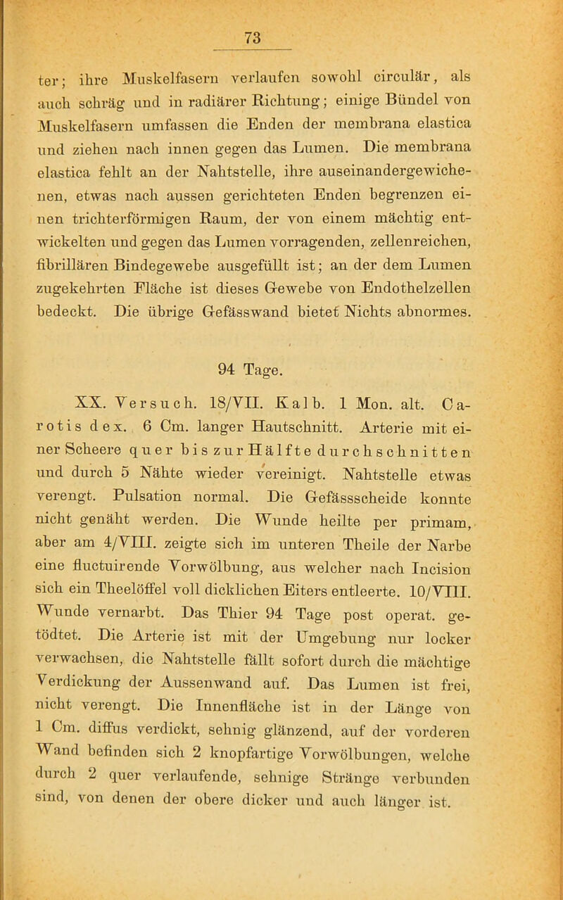 ter; ihre Muskelfasern verlaufen sowohl circulär, als auch schräg und in radiärer Richtung; einige Bündel von Muskelfasern umfassen die Enden der membrana elastica und ziehen nach innen gegen das Lumen. Die membrana elastica fehlt an der Nahtstelle, ihre auseinandergewiche- nen, etwas nach aussen gerichteten Enden begrenzen ei- nen trichterförmigen Raum, der von einem mächtig ent- wickelten und gegen das Lumen vorragenden, zellenreichen, fibrillären Bindegewebe ausgefüllt ist; an der dem Lumen zugekehrten Fläche ist dieses G-ewebe von Endothelzellen bedeckt. Die übrige G-efässwand bietet Nichts abnormes. 94 Tage. XX. Versuch. 18/VII. Kalb. 1 Mon. alt. C a- rotisdex. 6 Cm. langer Hautschnitt. Arterie mit ei- ner Scheere quer biszur Hälftedurchschnitten und durch 5 Nähte wieder vereinigt. Nahtstelle etwas verengt. Pulsation normal. Die Gefässscheide konnte nicht genäht werden. Die W^unde heilte per primam, aber am 4/YIII. zeigte sich im unteren Theile der Narbe eine fluctuirende Vorwölbung, aus welcher nach Incision sich ein Theelöffel voll dicklichen Eiters entleerte. 10/VIlI. Wunde vernarbt. Das Thier 94 Tage post operat. ge- tödtet. Die Arterie ist mit der IJmgebung nur locker verwachsen, die Nahtstelle fällt sofort durch die mächtige Verdickung der Aussenwand auf. Das Lumen ist frei, nicht verengt. Die Innenfläche ist in der Länge von 1 Cm. difius verdickt, sehnig glänzend, auf der vorderen Wand befinden sich 2 knopfartige Vorwölbungen, welche durch 2 quer verlaufende, sehnige Stränge verbunden sind, von denen der obere dicker und auch länger ist.